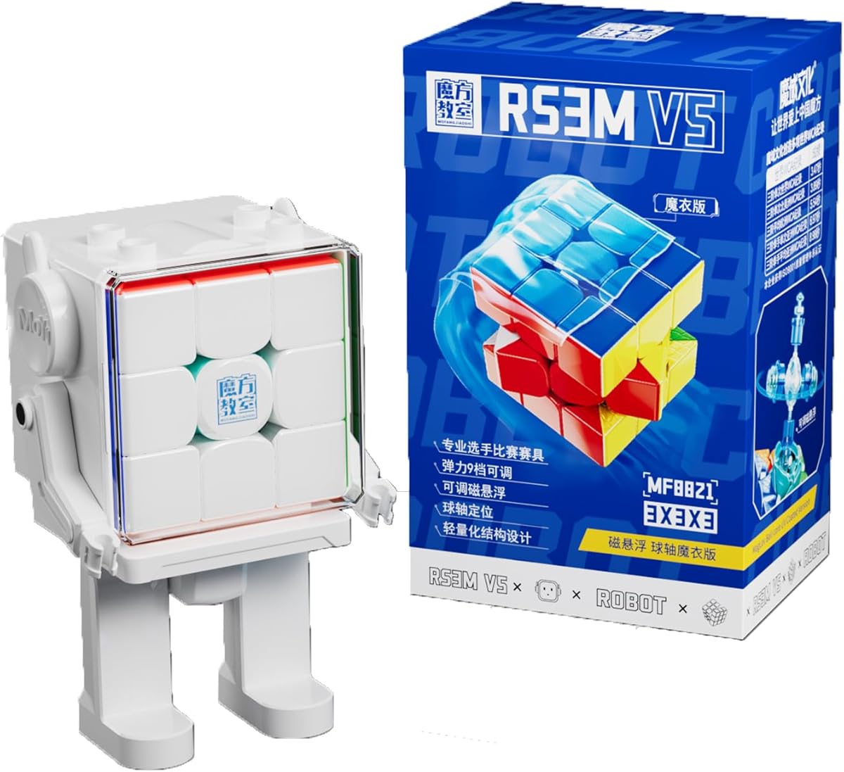 CuberShop Moyu RS3M V5 2023 Ball Core UV Coated 3x3 Speed Cube with Display Stand, Stickerless RS3M 2023 3 by 3 Budget Cube, (Moyu RS3 M V5 MagLev+Ball-Core Magic Clothes, Robot-Shape Display Box)