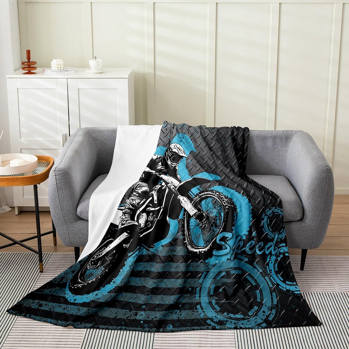 Motorcycle Flannel Fleece Blankets Throw Size,Super Soft Cozy Dirt Bike Plush Blankets,Lightweight Microfiber Blue Graffiti Throw Blanket for Couch Sofa Bed,50x60 Inches