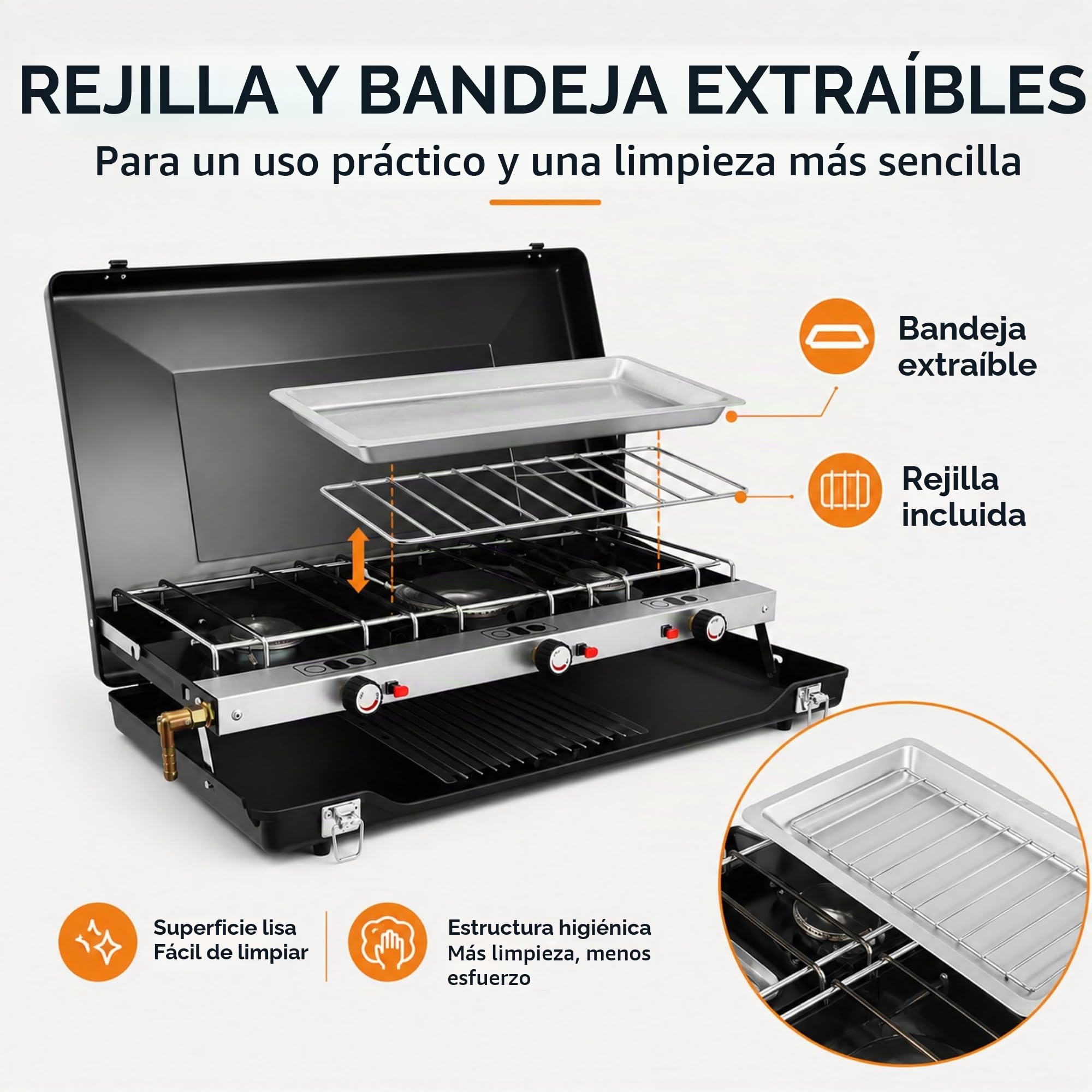 Hornillo de camping de 3 fuegos, 4,5 kW, plegable, portátil, con encendido piezoeléctrico, protección contra el viento, sin montaje para camping, picnic