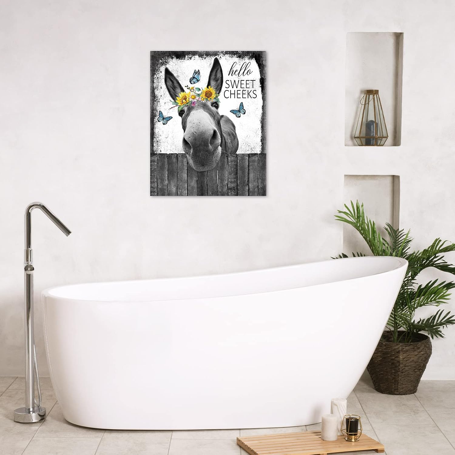 HVEST Farmhouse Funny Donkey Wall Art for Living Room, Western Animal with Yellow Sunflower and Blue Butterfly Canvas Wall Art Retro Wood Pictures for Bathroom Bedroom Wall Decor,16L X 12W inches