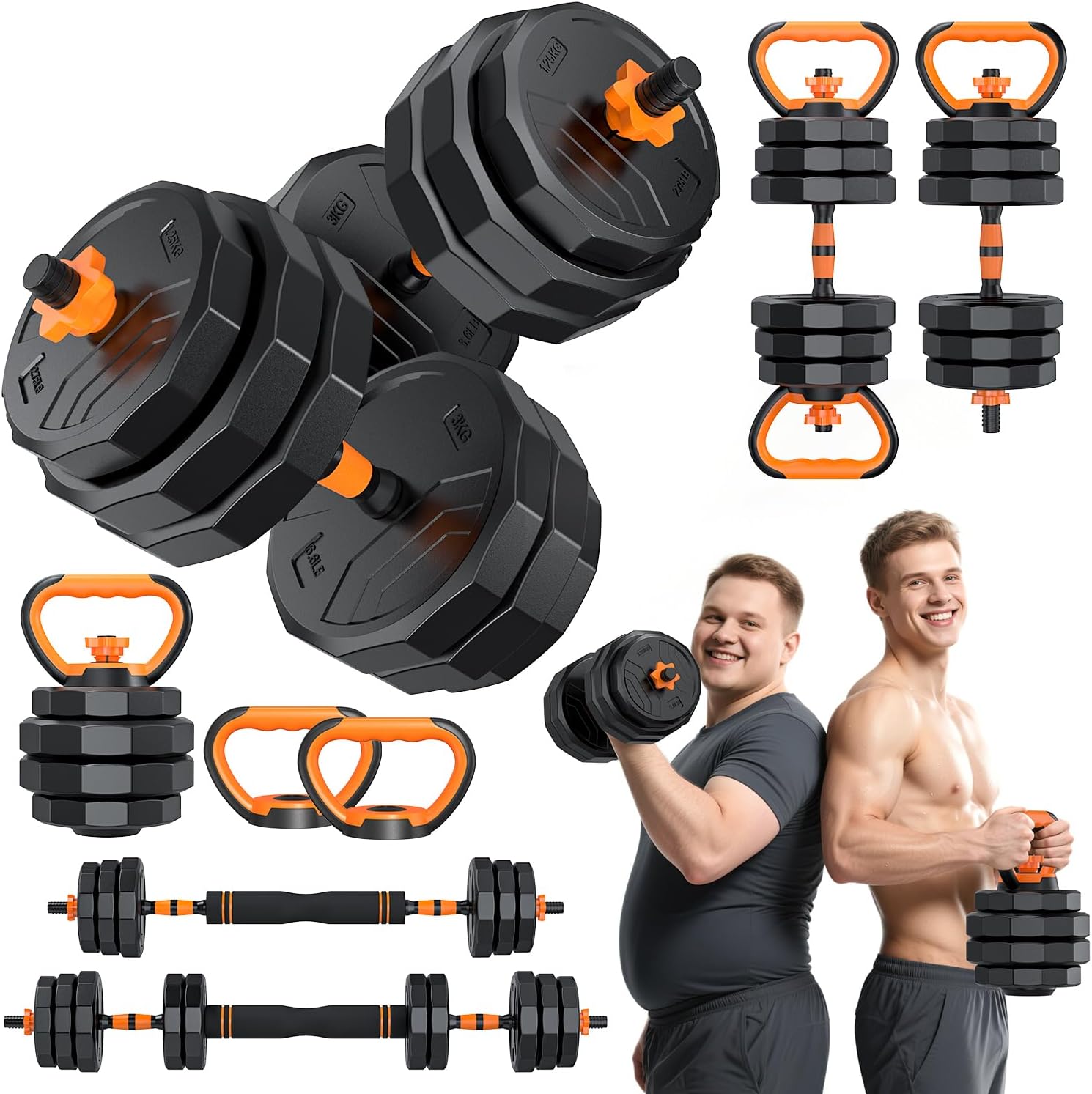 5-in-1 Adjustable Dumbbell Set, 33/44/66/88lbs Free Weights Set with Connector, Used as Kettlebells, Barbell, Push up Stand, Standard 1″ Plates, Fitness Exercises for Home Gym Suitable Women/Men