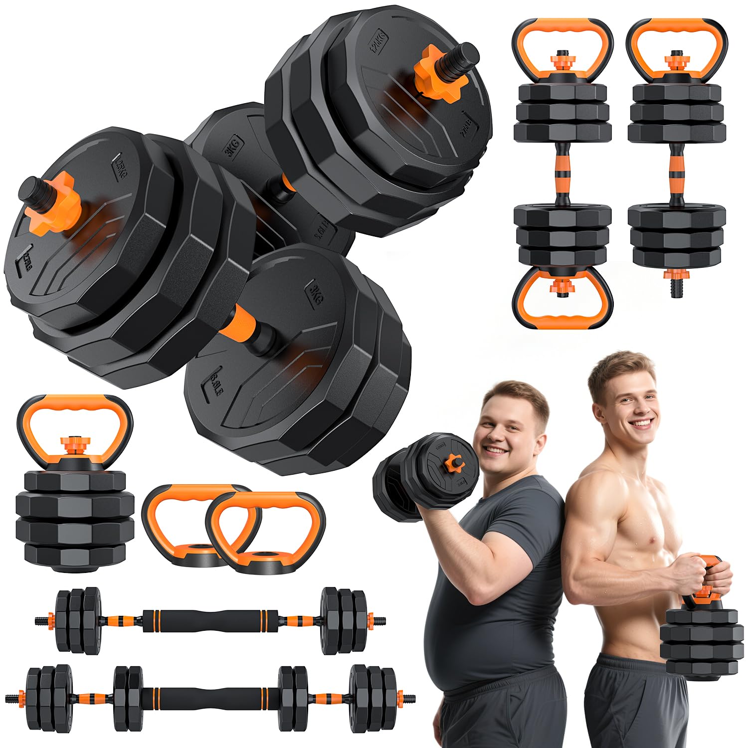 5-in-1 Adjustable Dumbbells, 88lbs Free Weights Set with Connector, Used as Kettlebells, Barbell, Push up Stand, Standard 1