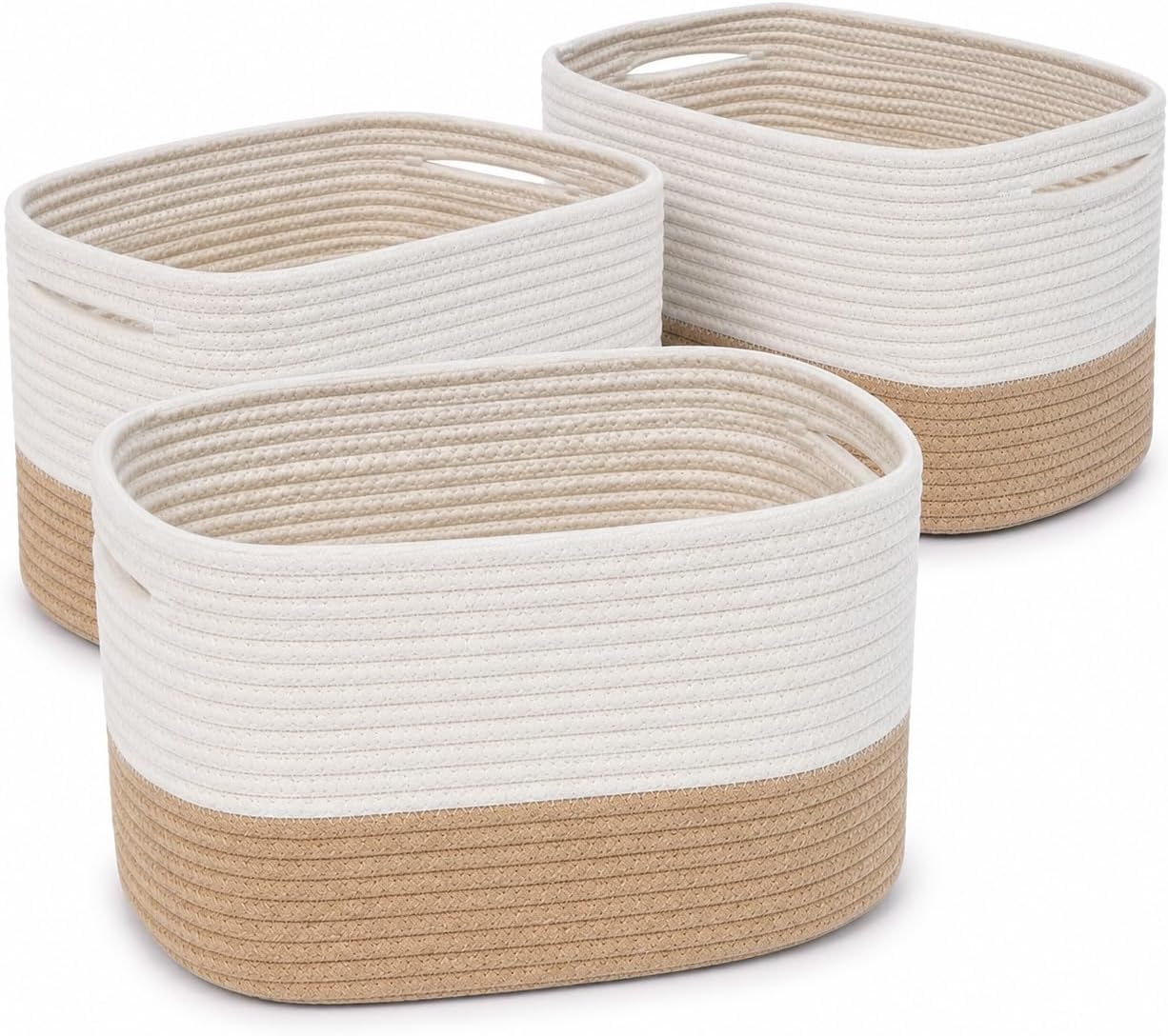 Honey Cotton Rope Baskets for Shelves, Set of 3 - 15"×10"×9½" - Woven Storage Baskets for Organizing - Closet, Nursery, Bedroom, Playroom - Toys, Books, Towels, Clothes