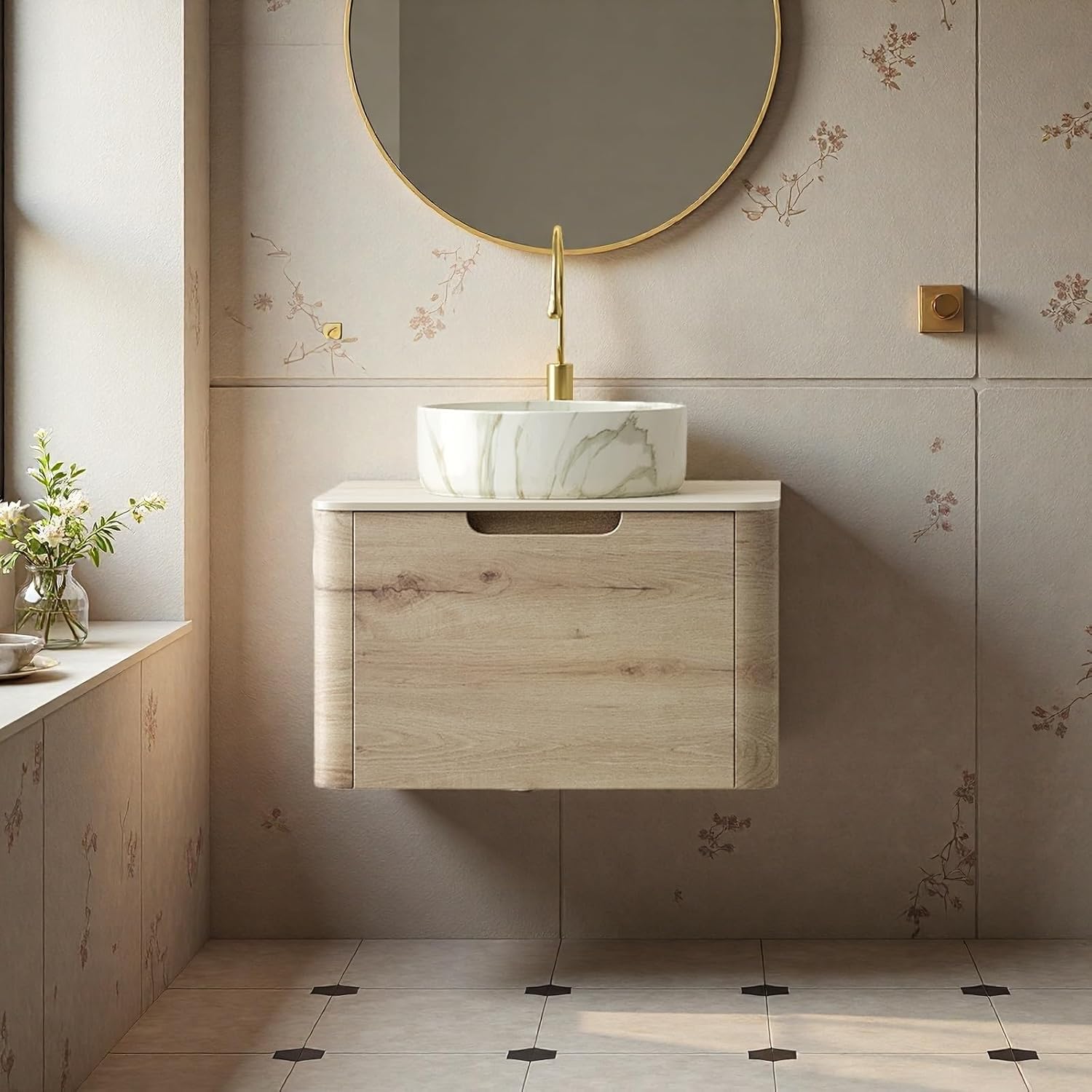 Bathroom Vanity with Sink, 24" Wall-Mounted Bathroom Storage Cabinet with Round Ceramic Basin & Soft-Close Undermount Drawer, Modern Pre-assembled Floating Vanity with Curved Design, White Oak
