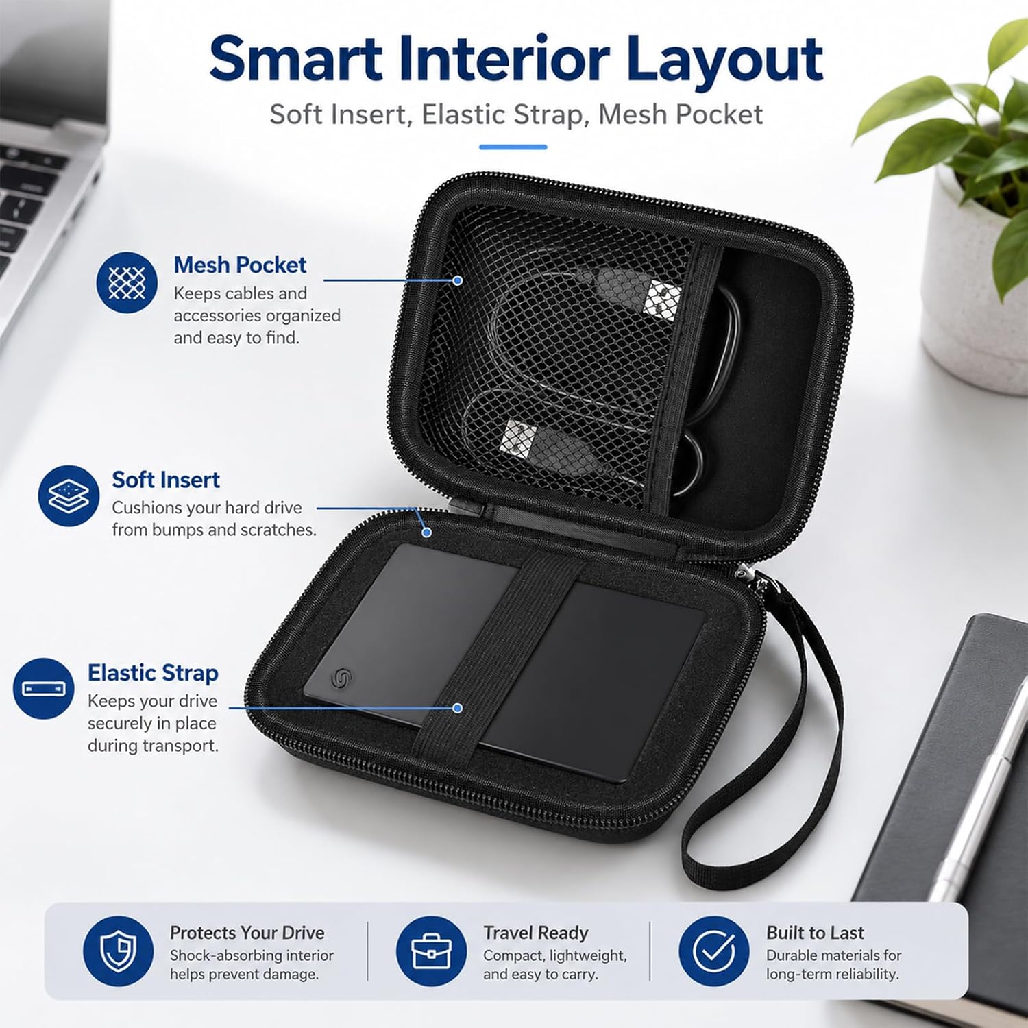 ALKOO Hard Shell External Hard Drive Case for Seagate Portable 1-5TB | PU Leather Exterior, Foam Insert, Elastic Strap, Cable Pocket, Organized Storage for Students and Travelers, Case Only, Black