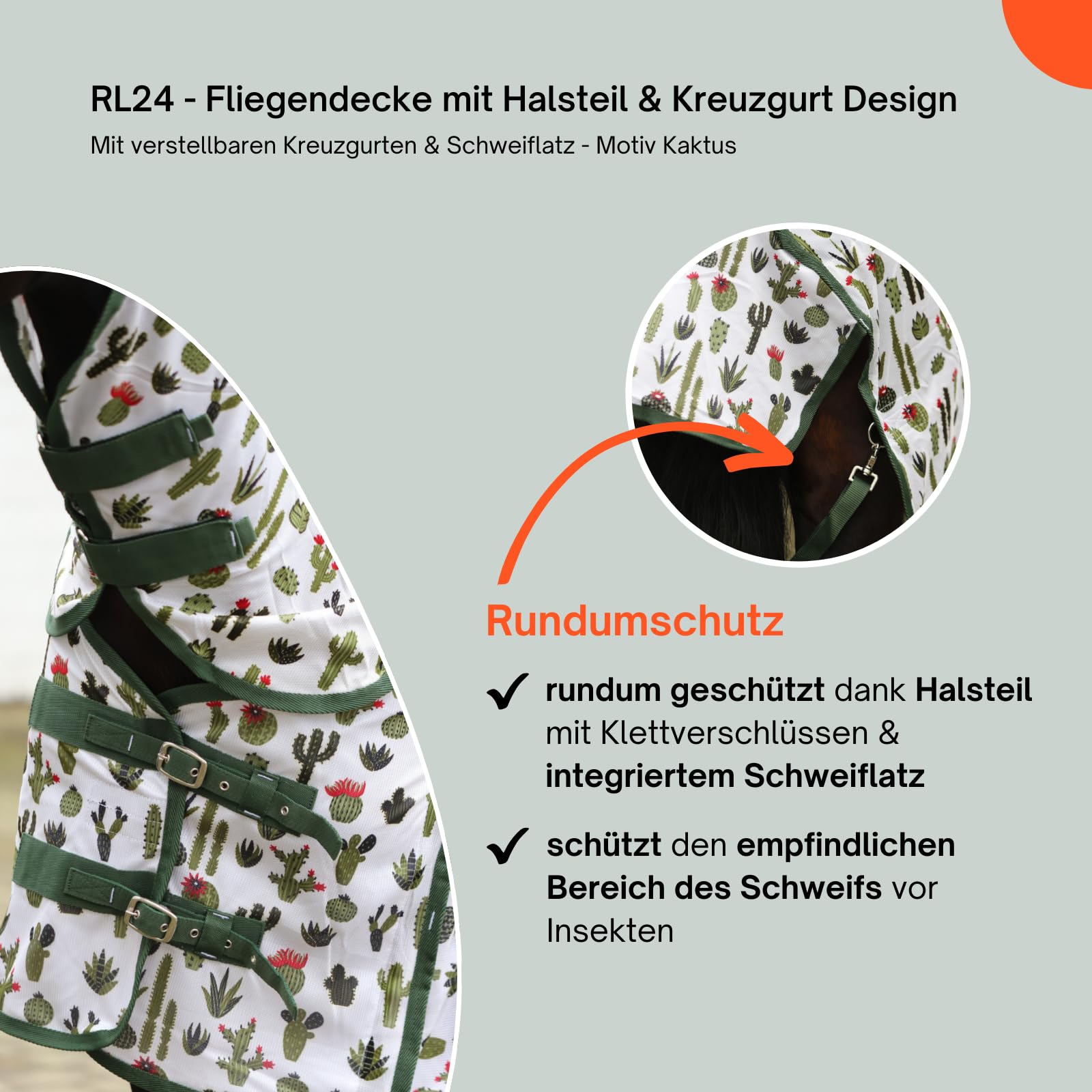 RL24 Fliegendecke mit Halsteil Kreuzgurt Design Kaktus Ekzemerdecke verstellbaren Kreuzgurten Schweiflatz Schutz vor Insekten Outdoor-Pferdedecke 125 cm