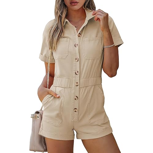 ANRABESS Women's Utility Short Jumpsuits Cotton Cargo Rompers Button Down Denim Overalls with Pockets