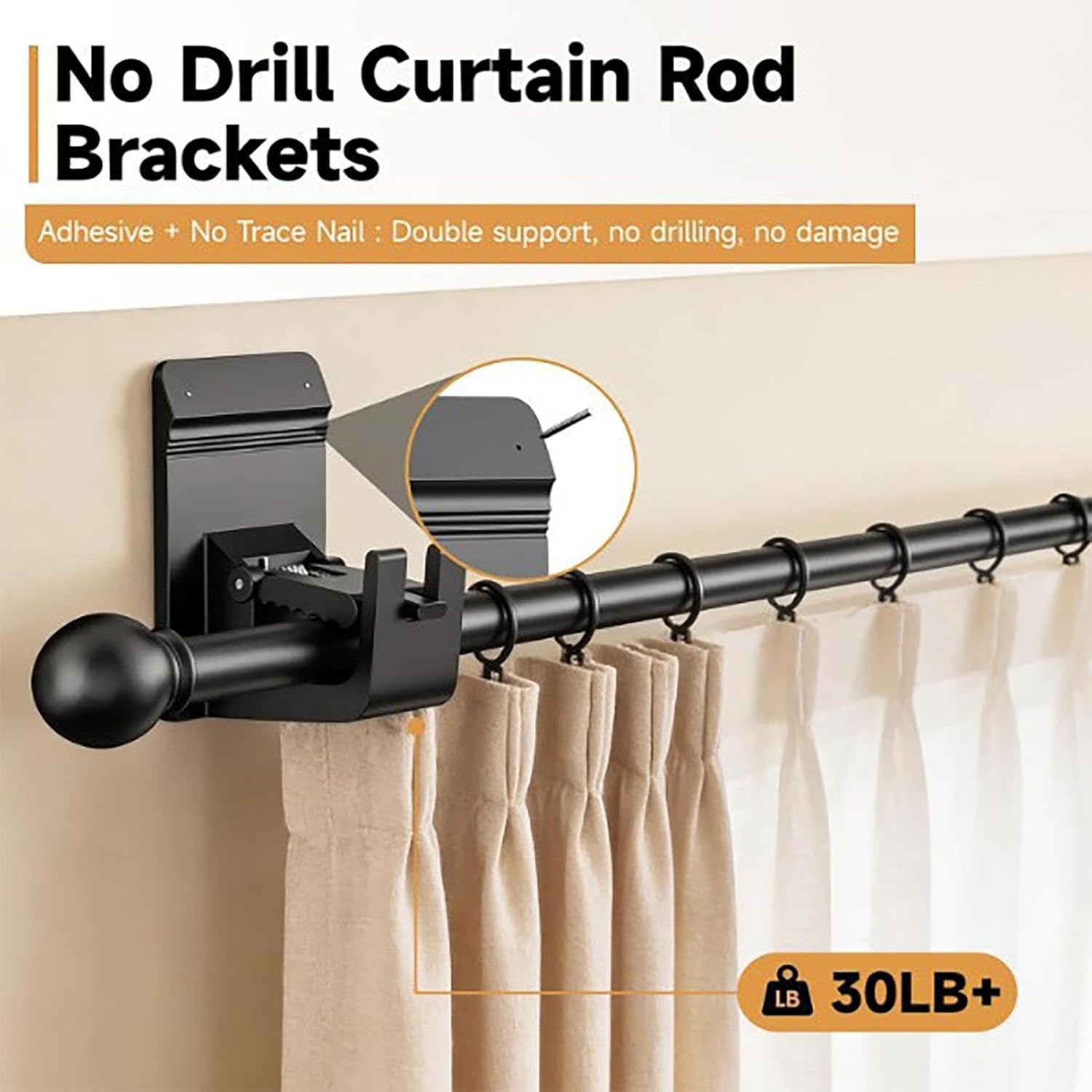 No Drill Brackets, Drapes Pole Holder, 5.8x7.8x4.8cm Dimensions, Bathroom Curtain Support, Heavy Duty Hardware, Window Fixture Mount, for Kitchen Bedroom Living Dorm Laundry Room