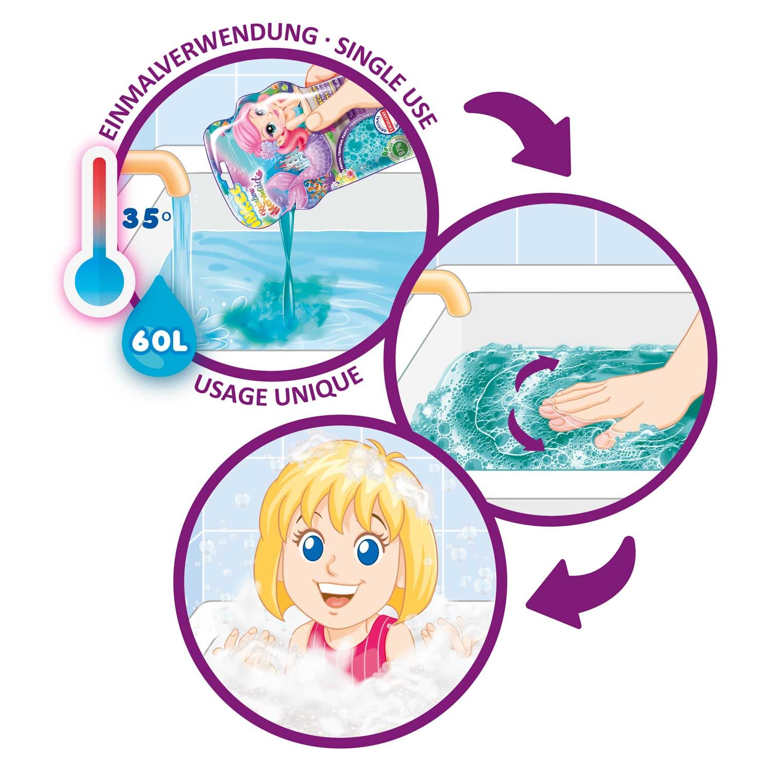 INKEE Bubble Bath Sirena Arcoíris Pack 3 – Espuma de Baño para Niños con Aroma Tropical, Espuma Turquesa para la Bañera, Aditivo de Baño Infantil 3x 40ml