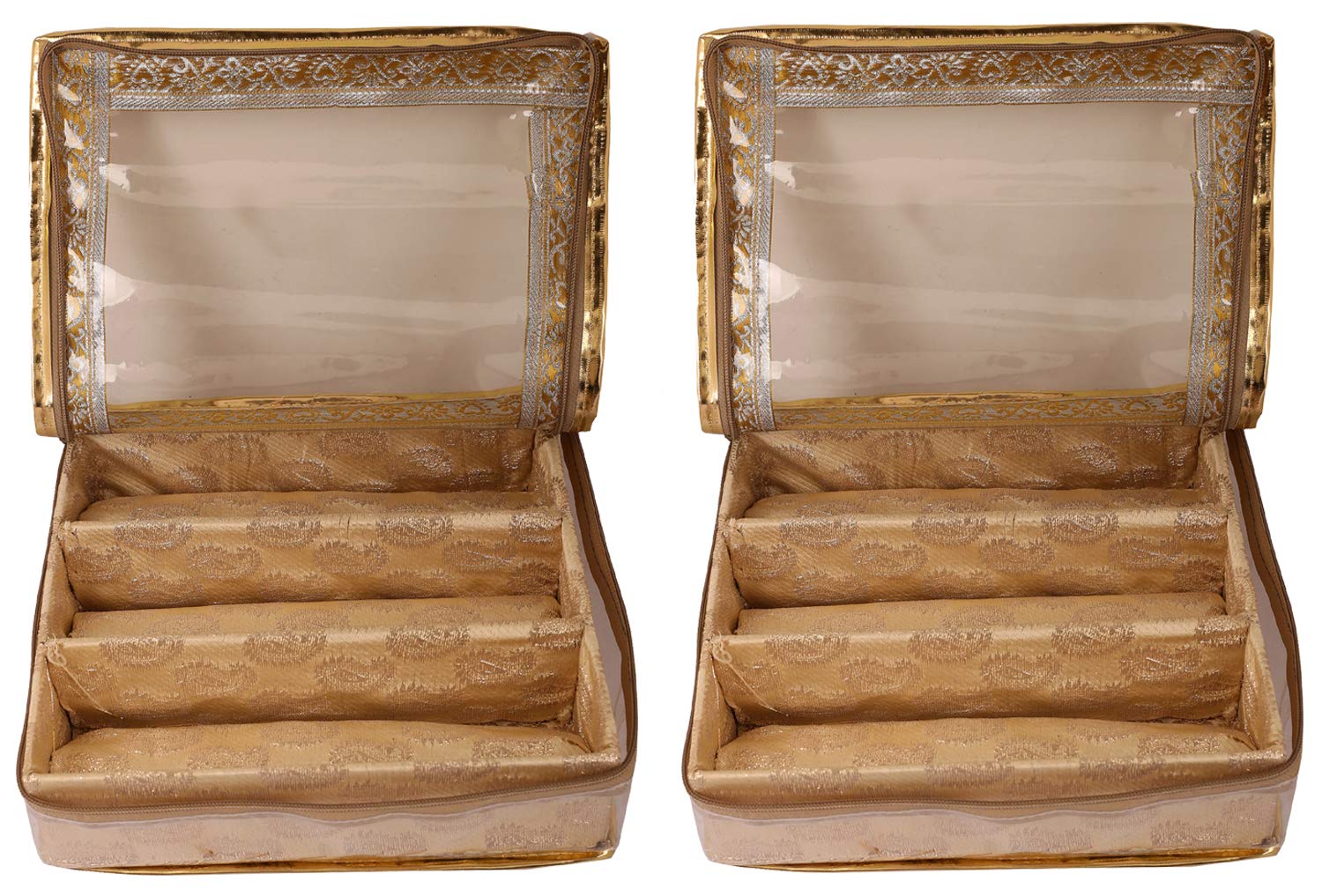 Kuber Industries Brocade 2 Piece Cloth 3 Rod Bangle Box, Gold