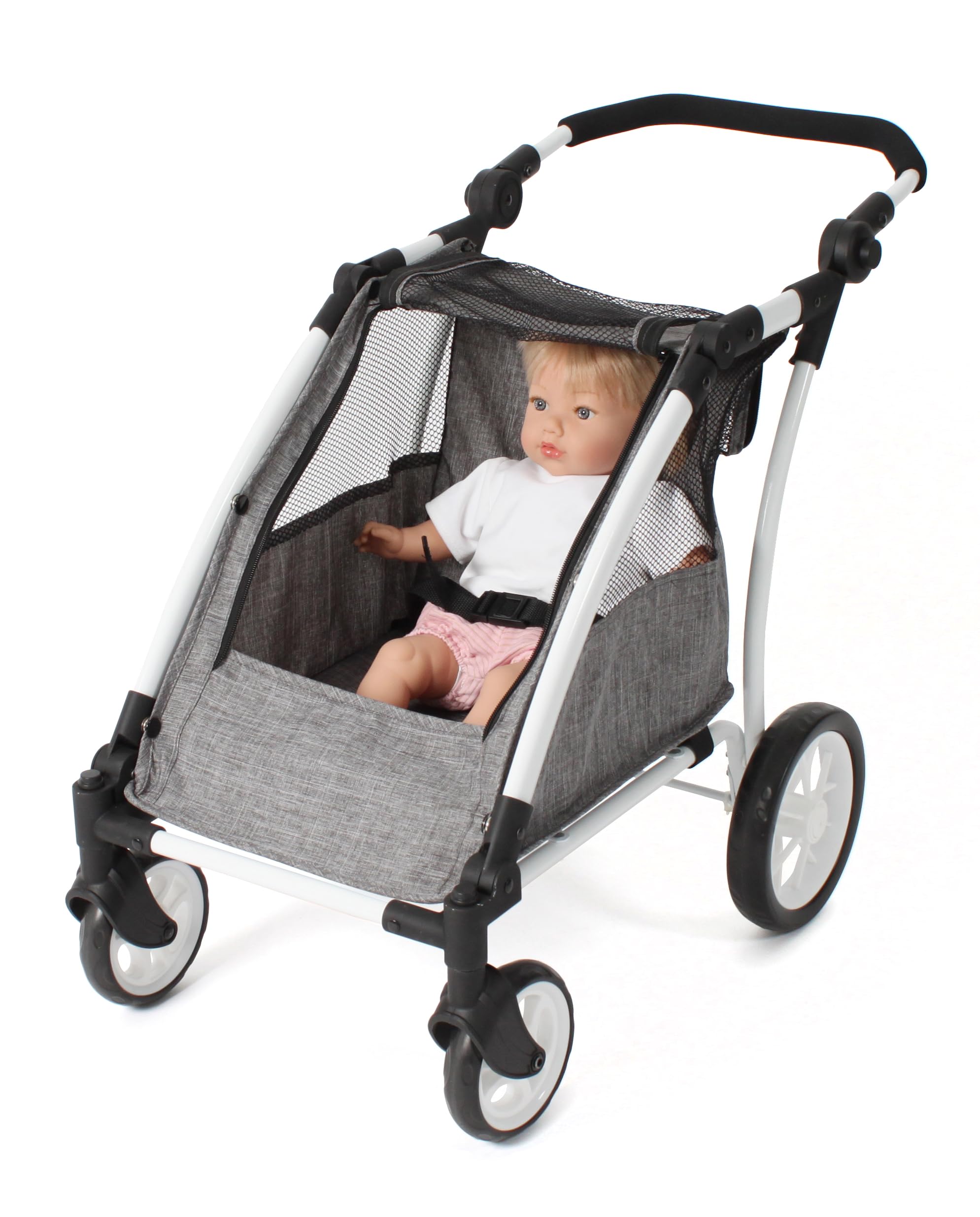 Bayer Chic 2000 Roadster | Zwillings-Puppenwagen Jeans Grau | Verstellbar | Sportlicher Puppentrailer für 2 Puppen (bis 46 cm). Höhenverstellbarer Schieber (33–71 cm). Jeans Grau. Robust & Chic.