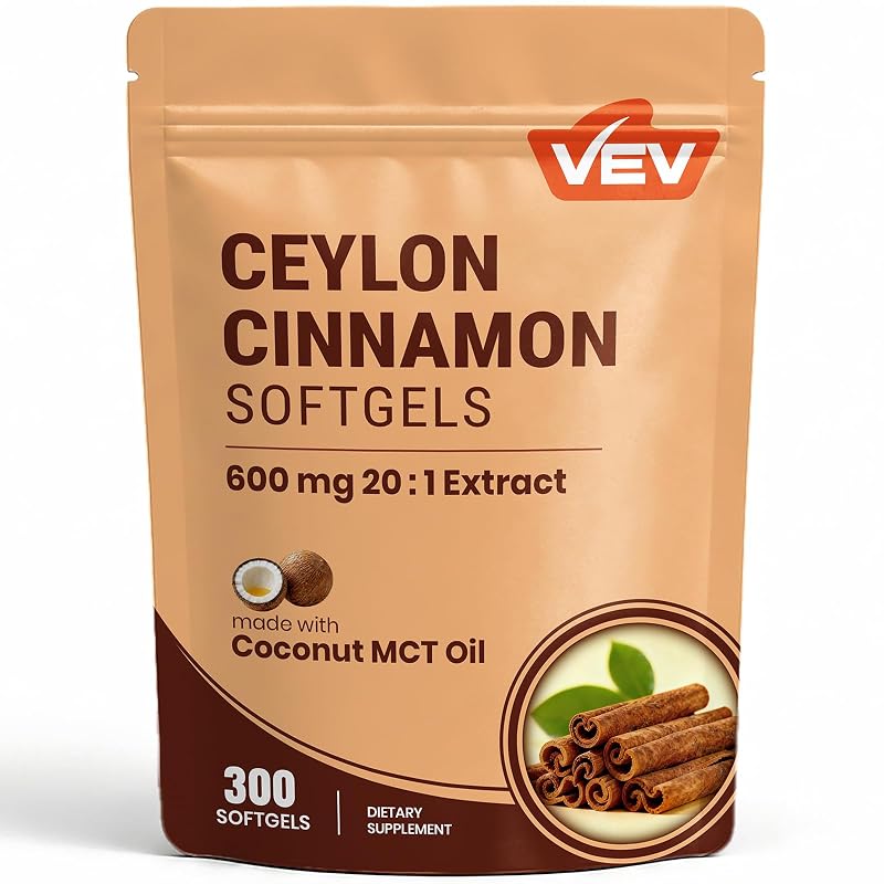 VEV Suplemento de Canela-do-Ceilão com Óleo MCT e Gengibre, Extrato 20:1, 300 mini cápsulas softgel