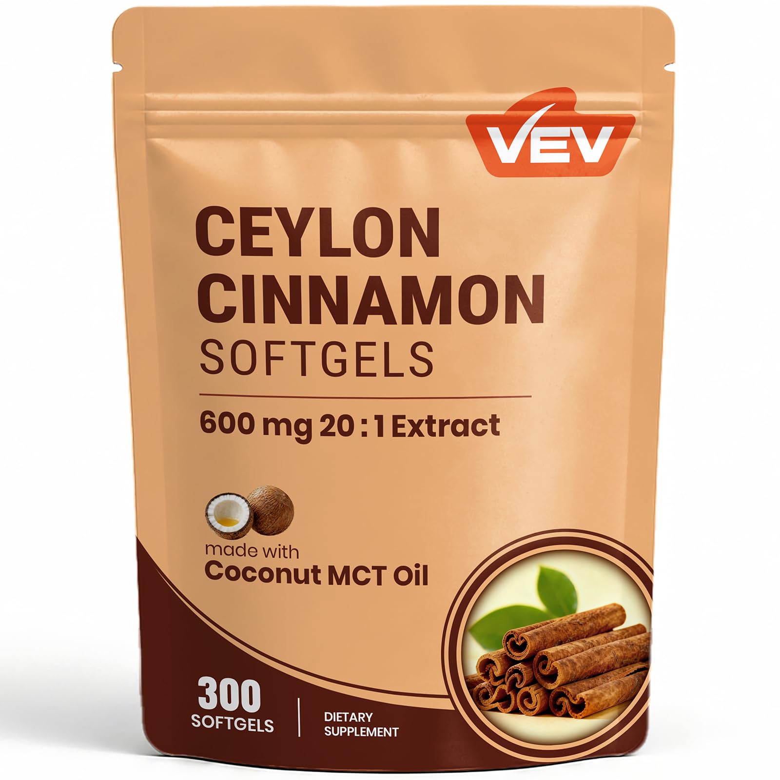 VEV Ceylon Cinnamon with MCT Oil & Ginger, 20:1 Extract, 300 Mini Softgels 300 Count (Pack of 1)