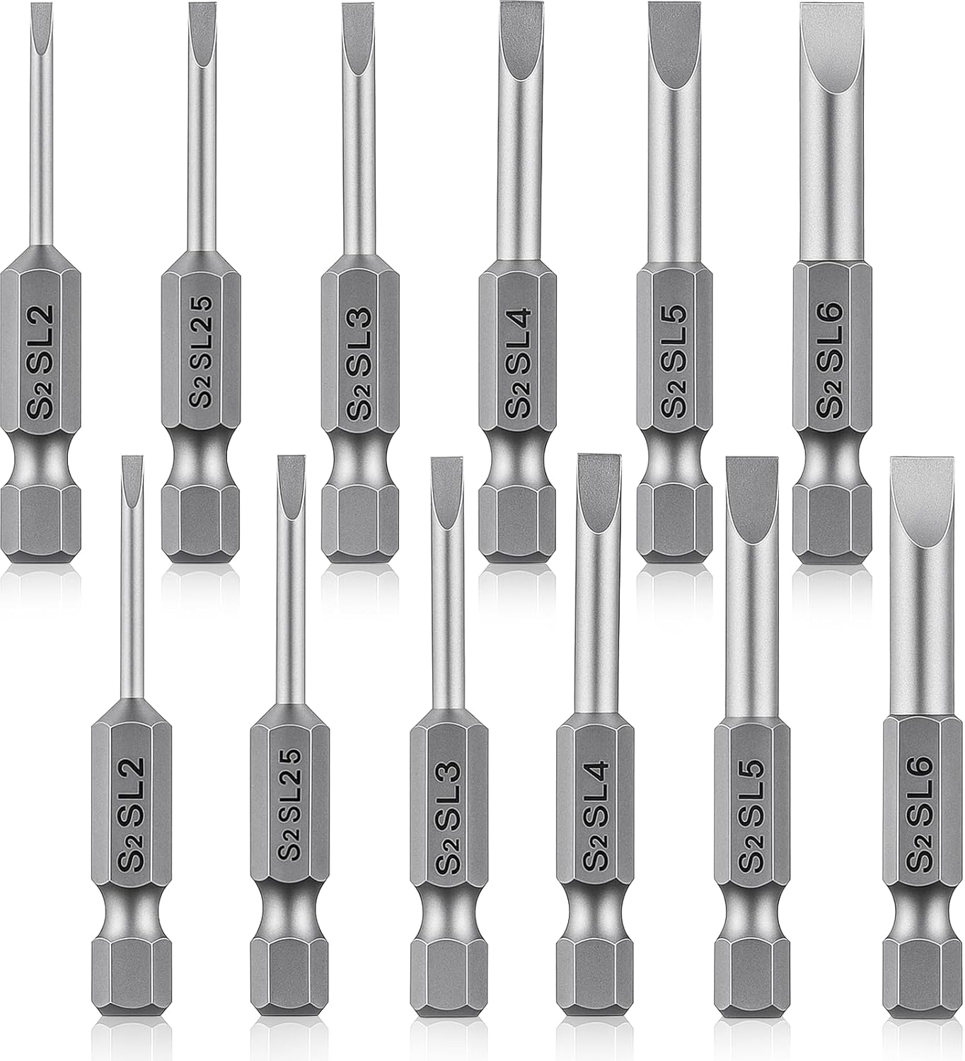 12Pcs Magnetic Screwdriver Bit Set, 1/4 Inch Hex Shank Flat Head Slotted Drill Bits, 2 Inch Length Screwdriver Bits SL2 SL2.5 SL3 SL4 SL5 SL6 for Power Drill Impact Driver