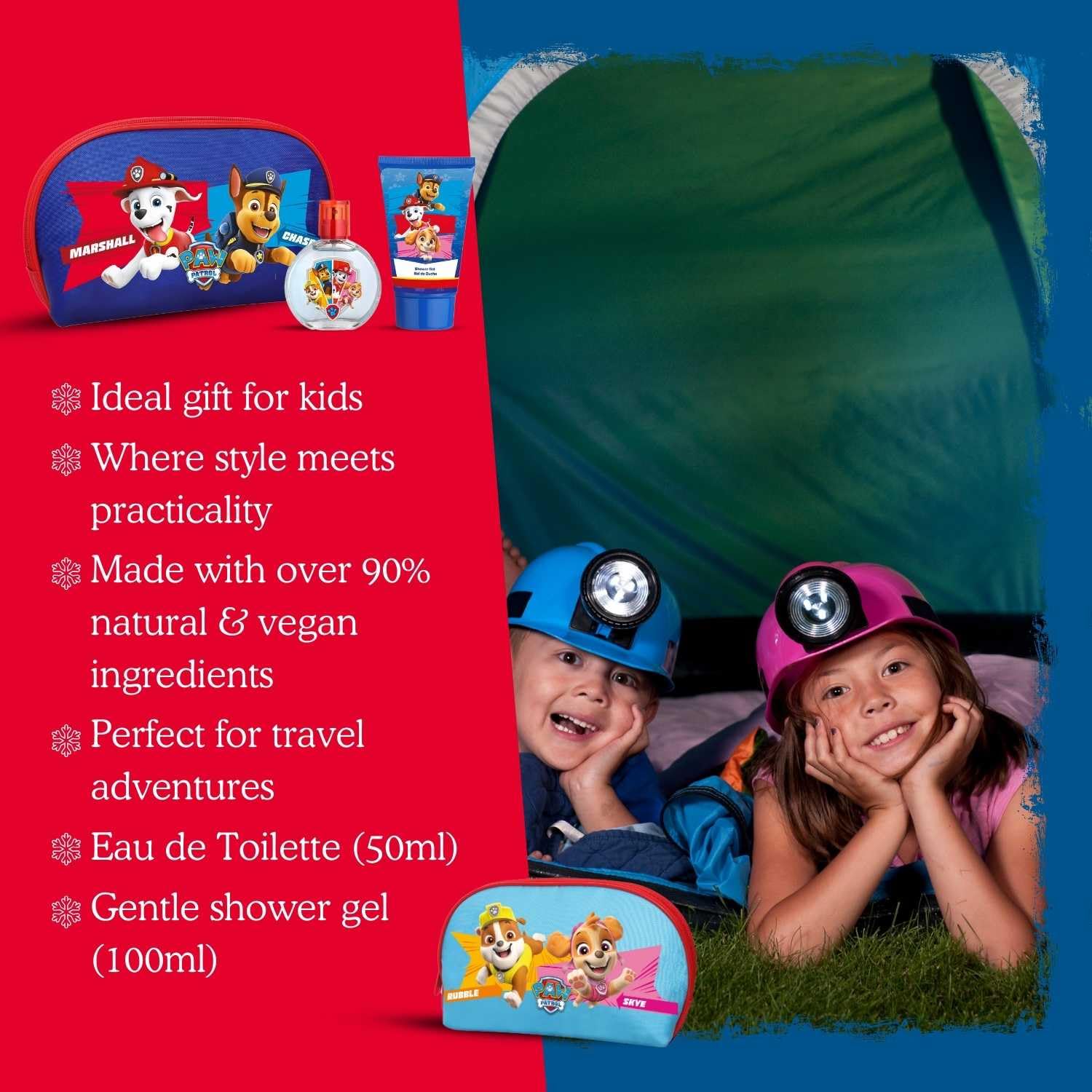 Trousse de toilette Paw Patrol pour enfants, comprend une eau de toilette (50 ml) et un gel douche (100 ml), végétalien et testé dermatologiquement, idéal pour Noël, un anniversaire ou pour un usage