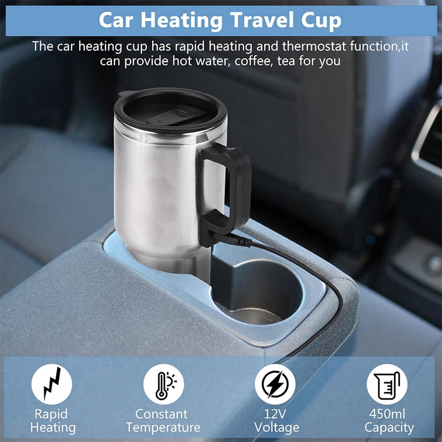 12V Electric Travel Coffee Mug 450ml Stainless Steel Car Heating Cup with LeakProof Lid and Indicator Light image 4