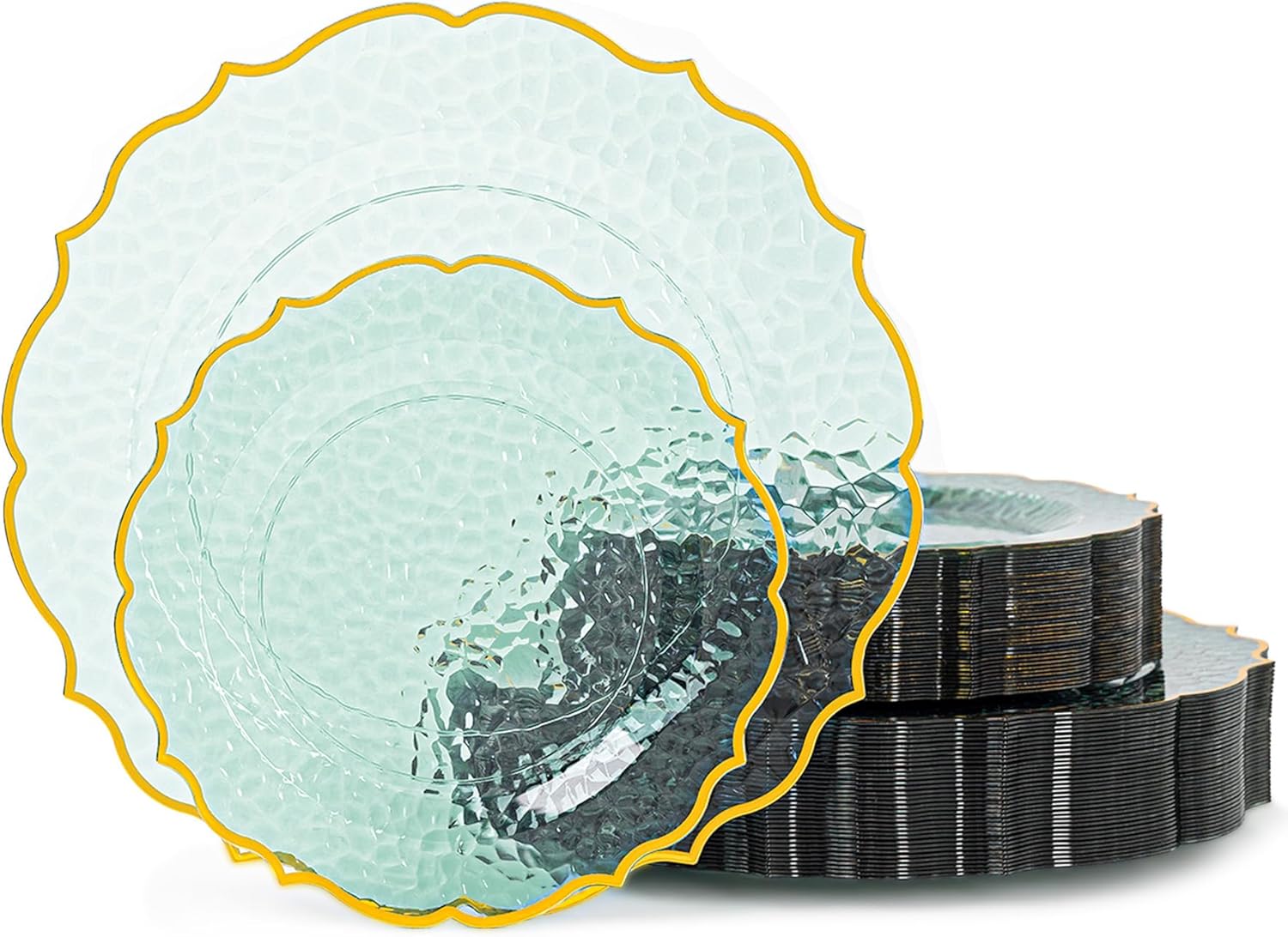 100 PCS Green Stone Texture Plastic Plates, Disposable Plates with Gold Rim, Heavy-duty Clear Plastic Plate Include 10" Dinner and 7" Salad Plate for Party and Wedding