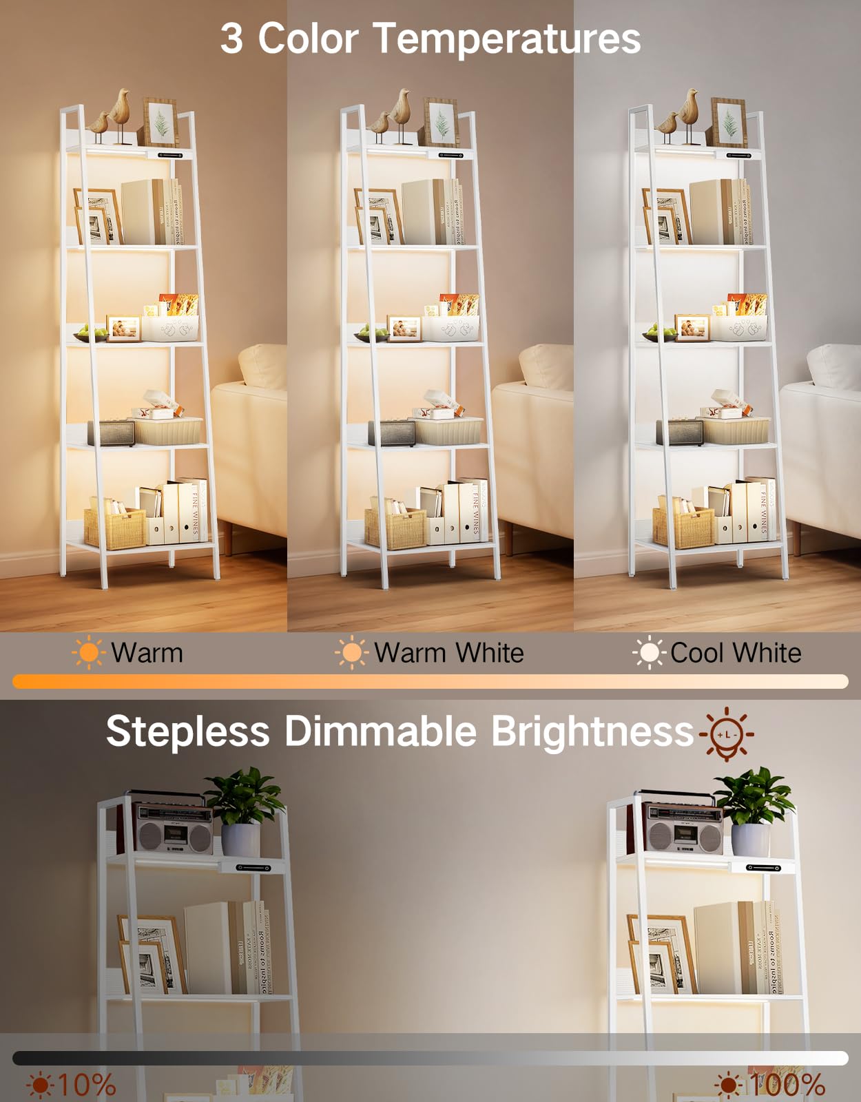 Piccola Libreria a Scala a 5 Ripiani con Luce LED, Touch e Telecomando, 3 Temperature di Colore, Scaffale Angolare Alta Dimmerabile in Metallo e Legno per Soggiorno e Camera da Letto