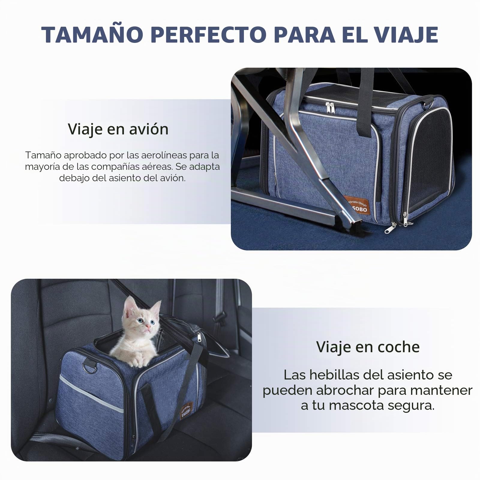 Transportín Gato Perro, ENSOBO Material de Mezclilla Resistente a Los Arañazos Bolsa de Transporte Para Gatos, Transportín para Mascotas Aerolínea Aprobado, Transporte de Gato para Viajes cómodos