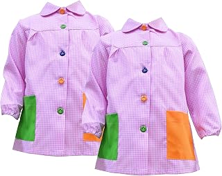 Pack 2 Bata Escolar Infantil, Babi de Guardería con Botones Bolsillos(Dibujos y Colores surdido), Bata Pintura para Niños Niñas Bebes