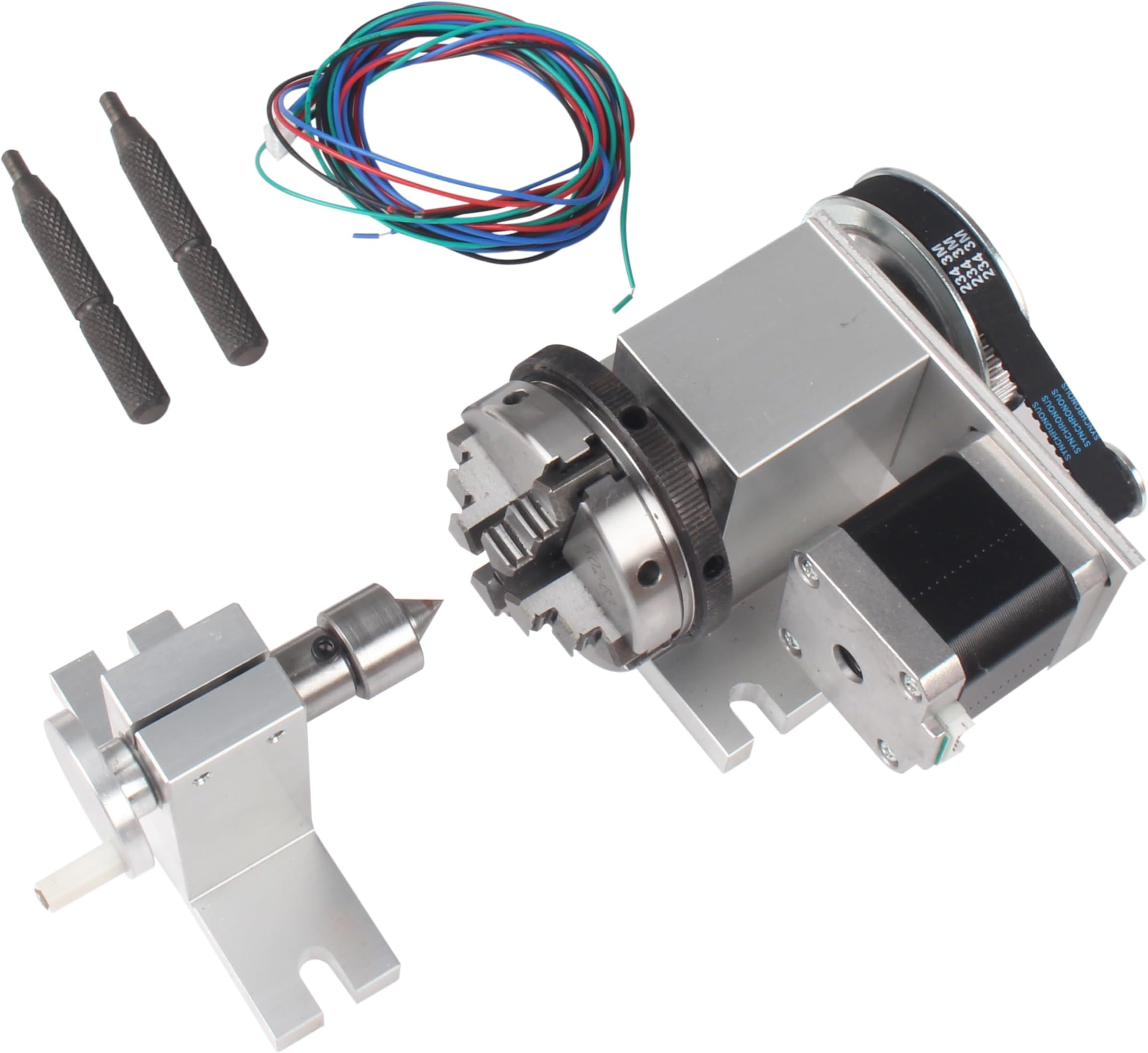 - RATTMMOTOR K12-65mm Type Rotary Table with 54mm Tailstock, Reducing Ratio 4:1 CNC 4th-Axis A-Axis Rotation-Axis, Indexing Head+K02-63mm 4 Jaw Chuck+Nema17 Stepper Motor for CNC Router Engraver Machine