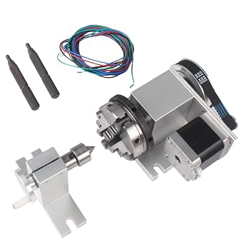 RATTMMOTOR K12-65mm Type Rotary Table with 54mm Tailstock, Reducing Ratio 41 CNC 4th-Axis A-Axis Rotation-Axis, Indexing Head+K02-63mm 4 Jaw Chuck+Nema17 Stepper Motor for CNC Router Engraver Machine