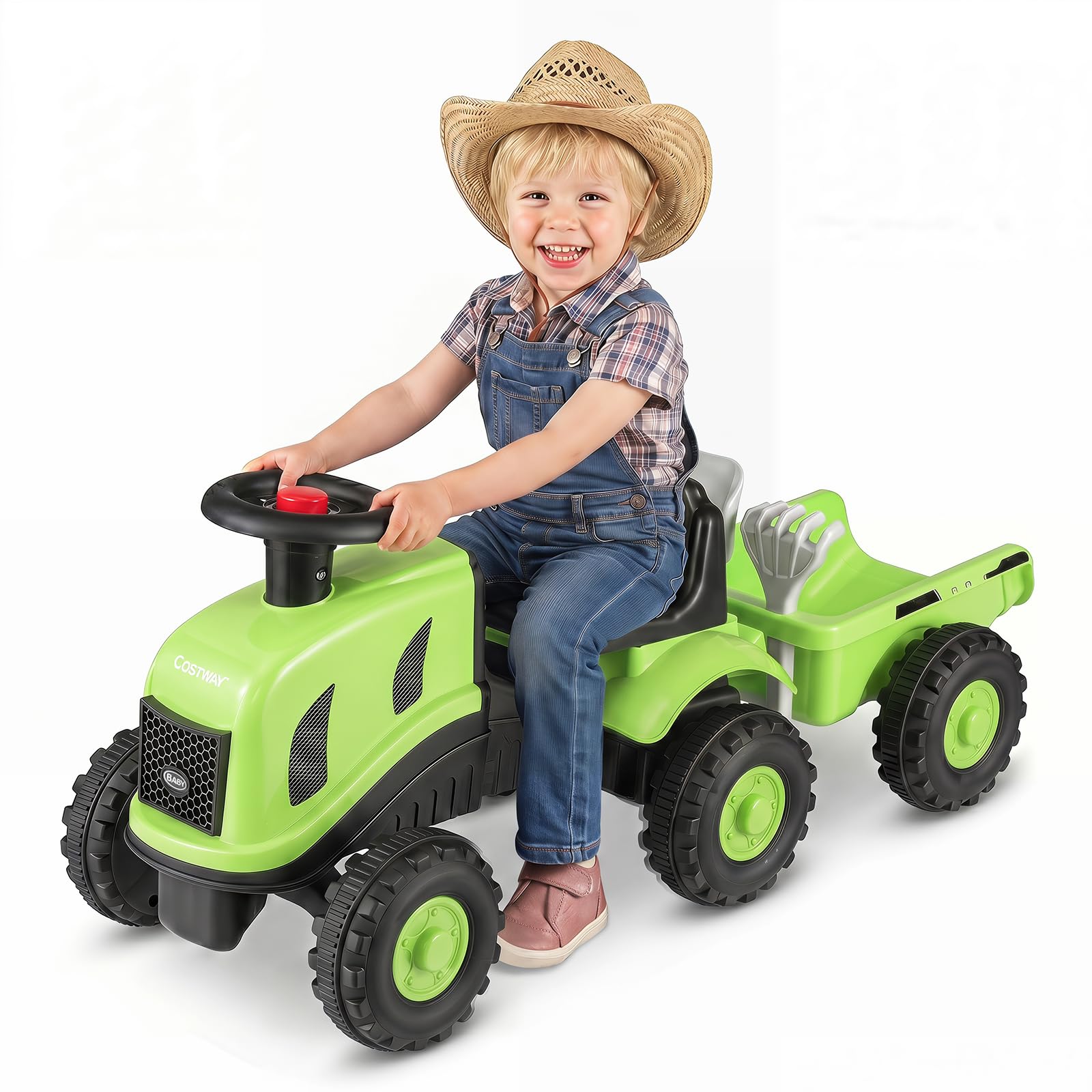 COSTWAY Kids Ride on Tractor with Detachable Trailer (Green, 88x35x35cm)