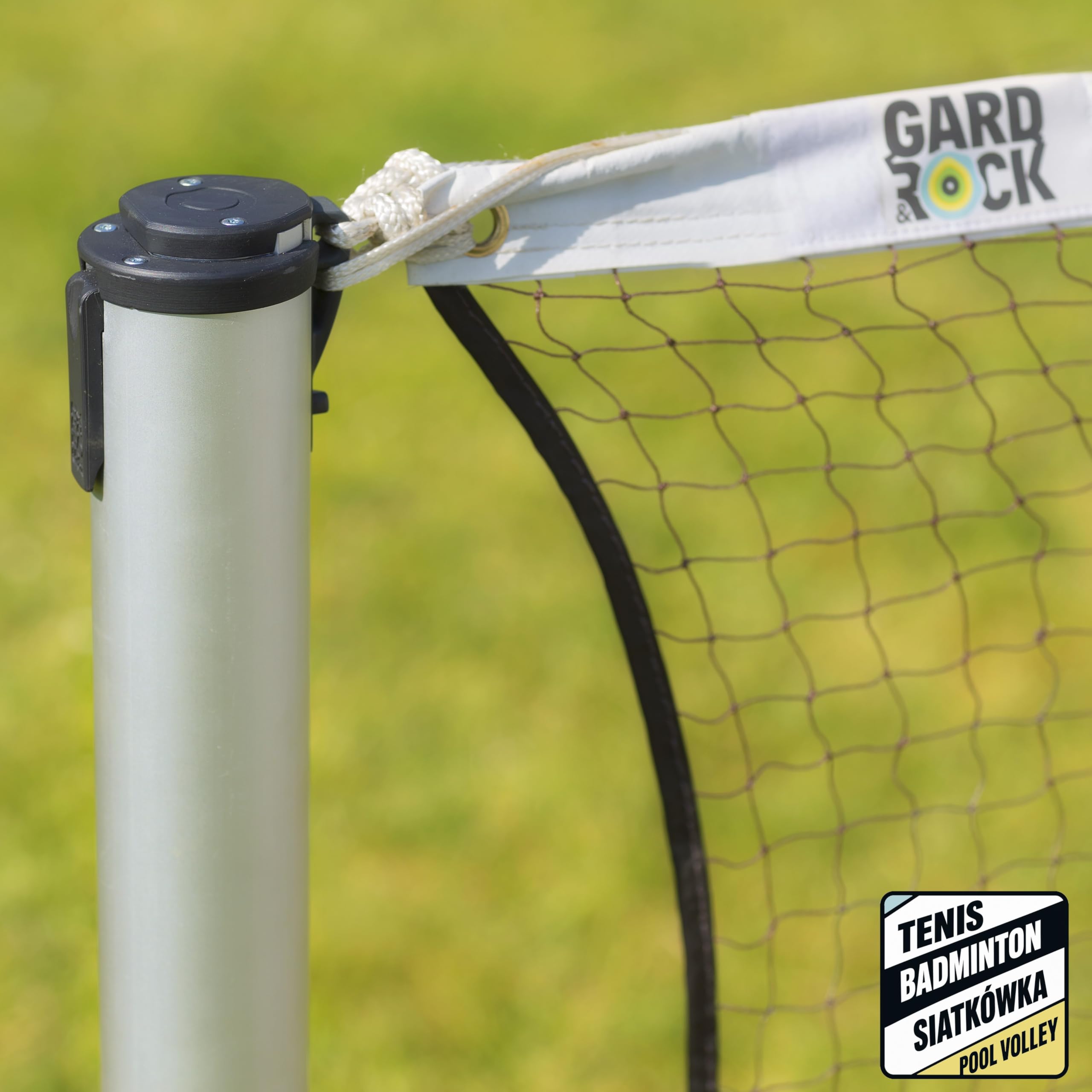Teleskopowe słupki sportowe Gard&Rock – aluminiowe, demontowalne | Do badmintona, siatkówki, tenisa i piłki nożnej. Mocowanie do bazy kotwiącej (brak w zestawie). Siatka i pokrowiec w zestawie