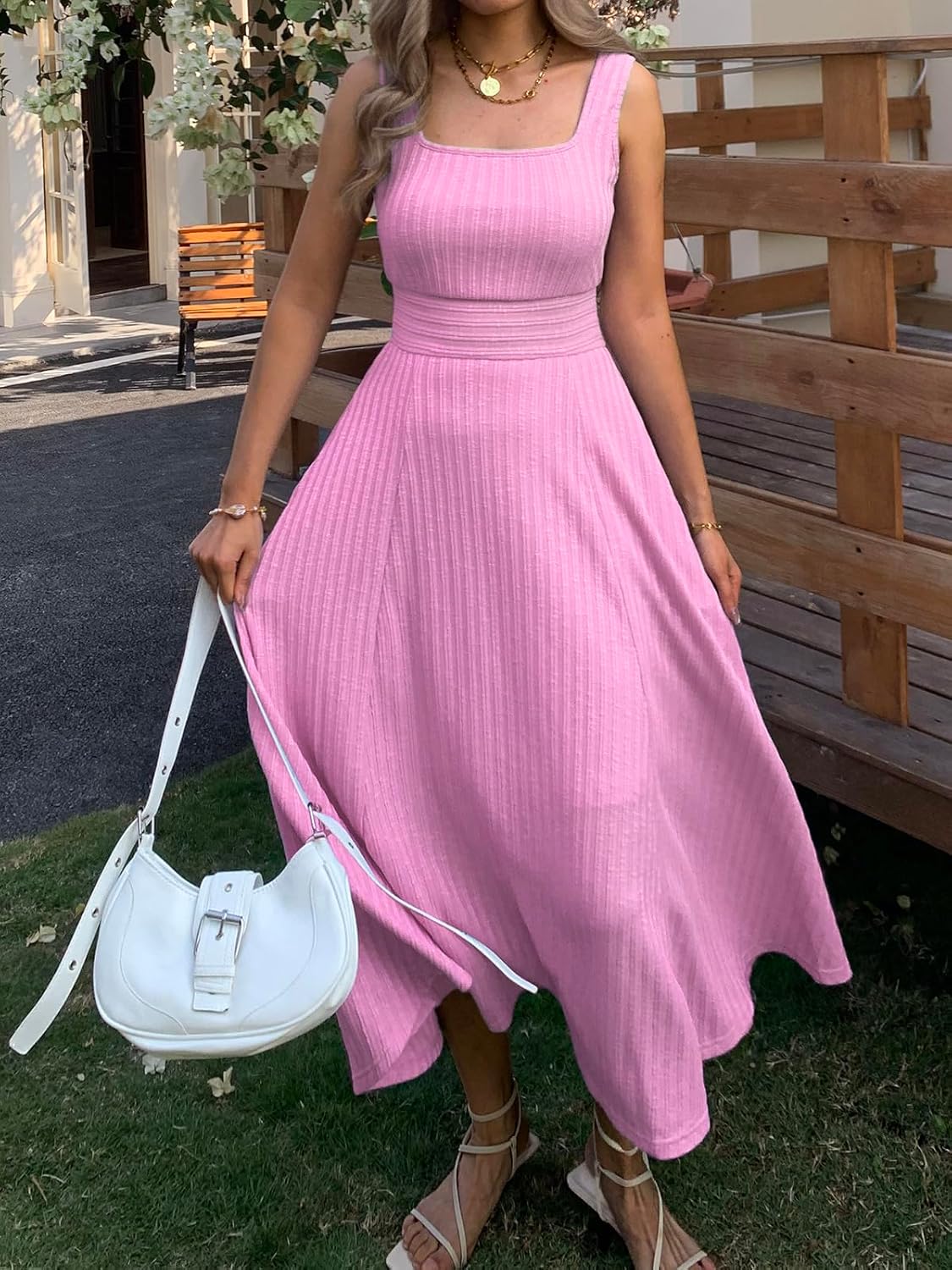 Womens Summer Maxi Dress with Pocket Square Neck Sleeveless Knit A Line Long Flowy Dress Beach Vacation Boho Sundress