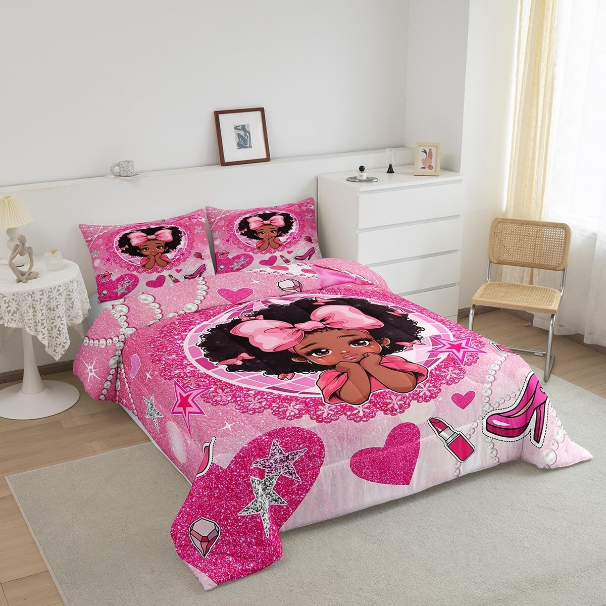 Manfei Black Princess Girly Comforter Set Full Size,High-Heeled Shoes Lip Bowknot Diamond Bedding Set,Girls Women Room Decor,African American Girls Down Comforter,Pink Cute Duvet Insert,2 Pillowcases - Image 9