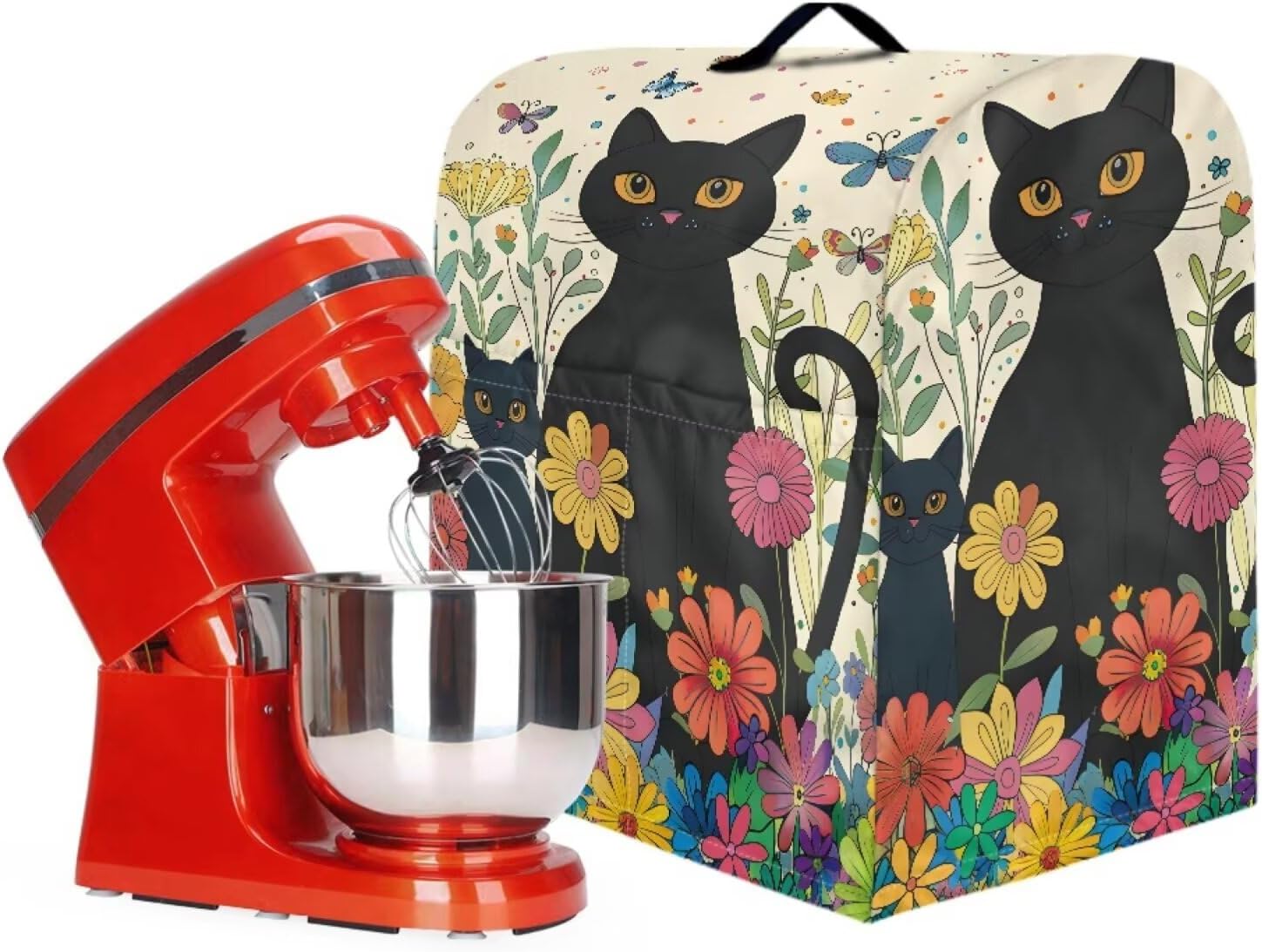 Cat Flower Stand Mixer Cover compatible with Kitchen Aid Mixer Stain Resistant Protective Stand Mixer Covers Case with Top Handle and Pocket - S