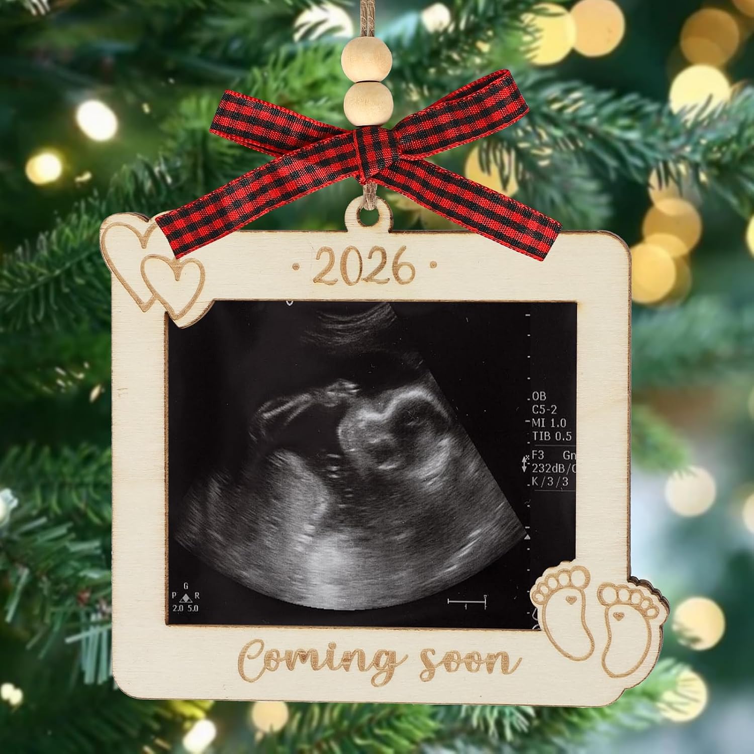 Baby Ultrasound Picture Frame Hanging Ornament 2026, Baby Coming Soon Sonogram Photo Frame Pregnancy Announcement for Husband Grandparents, Wooden for Expecting Parents (Ultrasound)