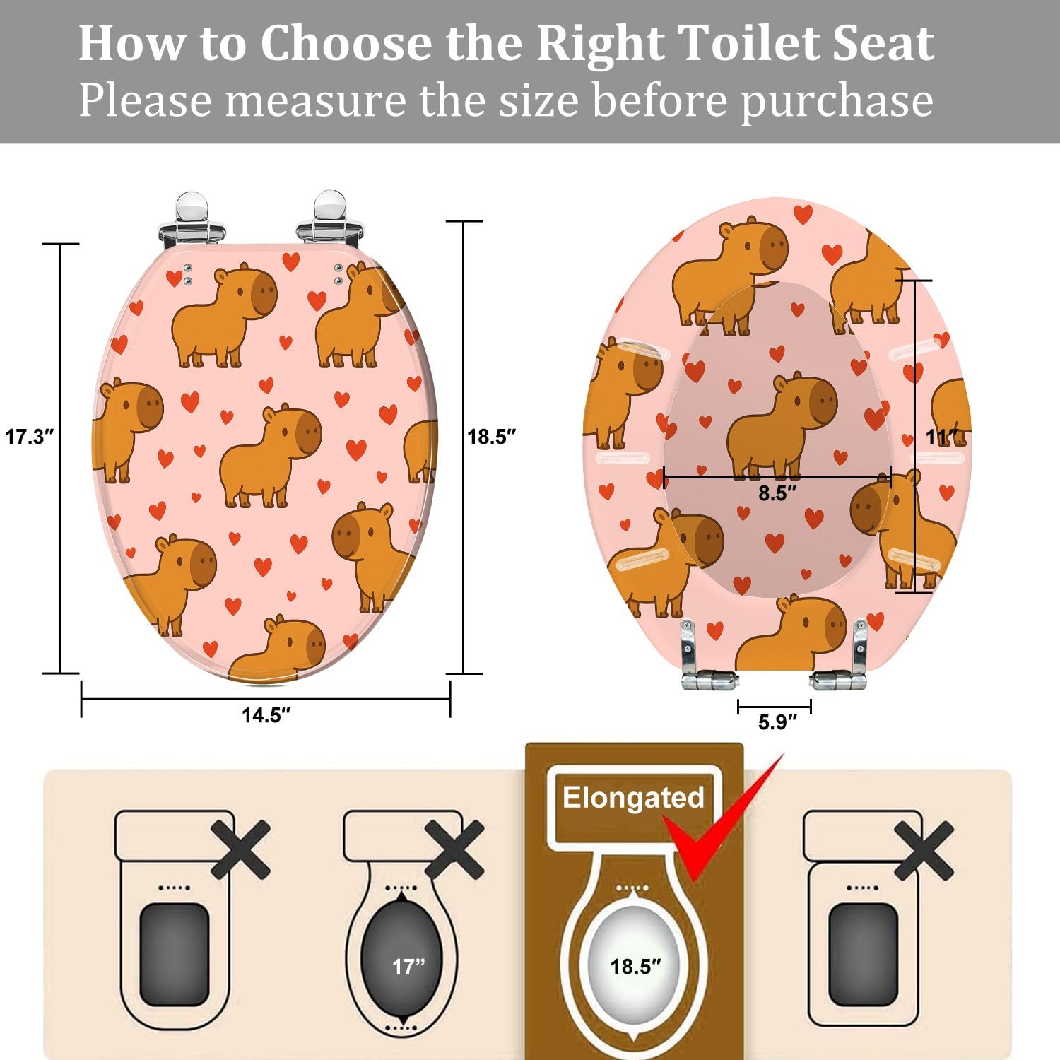 Elongated Toilet Seat Seamless pattern Cute animal capybara pink hearts for festive textile Resin Toilet Seat Quietly Close Quick Release Hinges with Cover Bumpers Decorative Easy to Install Clean
