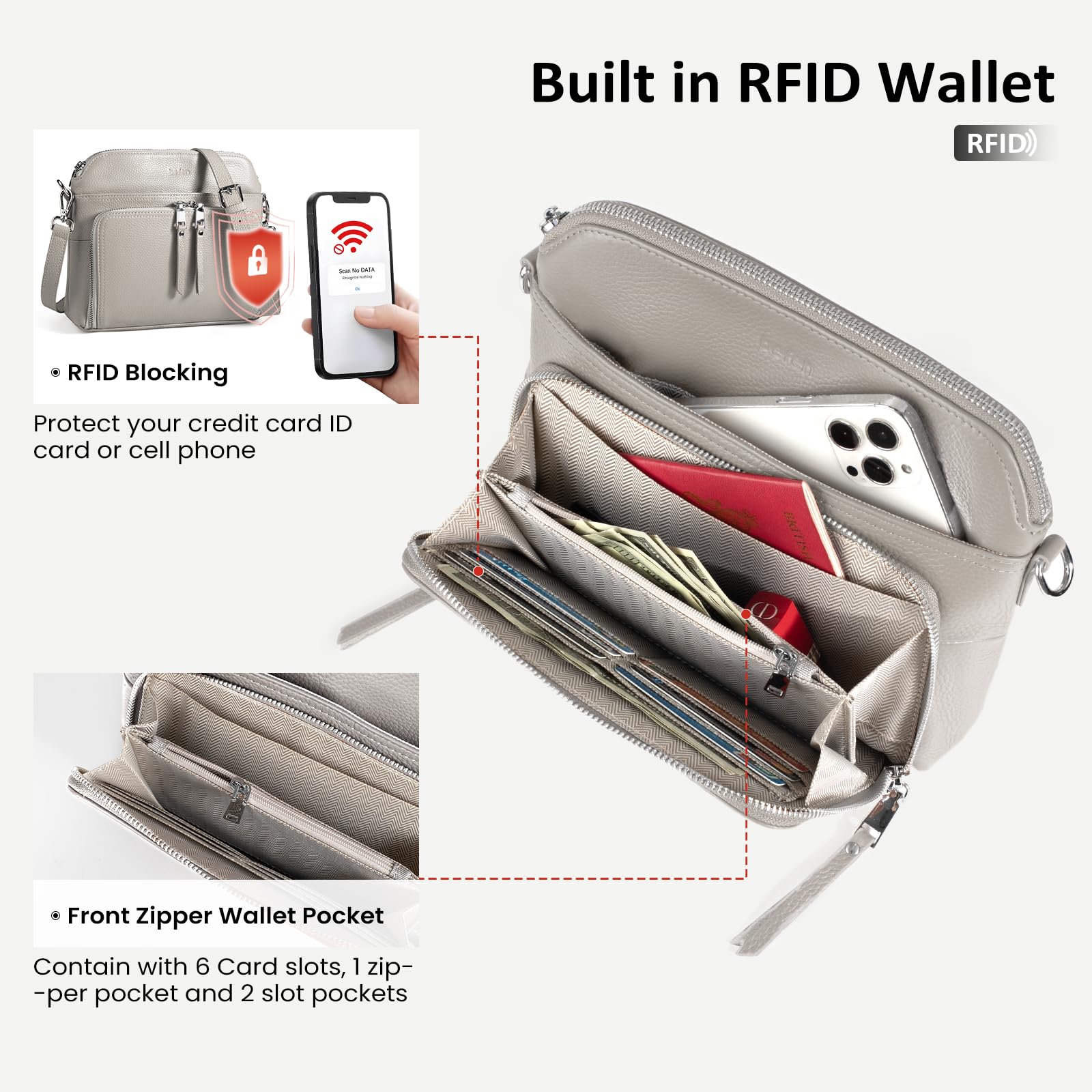 befen Real Leather Crossbody Bags for Women, Womens Small Cross Body Purses Lightweight Travel Handbags with Adjustable Strap Beige Grey