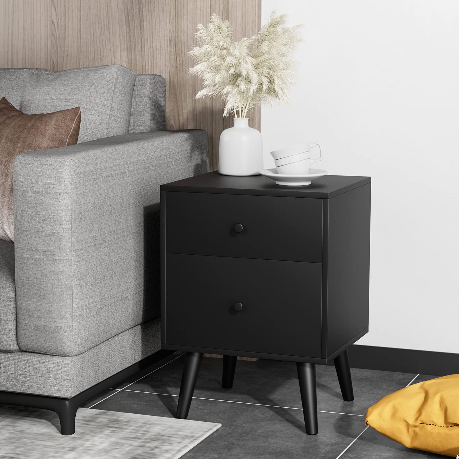 LIFEZEAL Comodino Camera da Letto con 2 Cassetti, Gambe in Legno Massello, Nero, Moderno, Salvaspazio, Antiribaltamento, Tavolino Laterale Divano, Comò, per Soggiorno, Cameretta, Max 40kg, 45x40x62cm