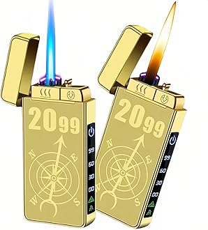 Torch Lighter, Butane Torch Soft Flame Plasma Dual Arc 3-in-1 Lighter, USB Rechargeable Electric Lighters with Flashlight, Windproof Refillable Lighters (Without Fuel) (Gold Ice)