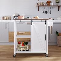 Vista 6 de Carrito de isla de cocina con ruedas con puerta corrediza de granero para espacios pequeños, isla de cocina rodante con almacenamiento, encimera