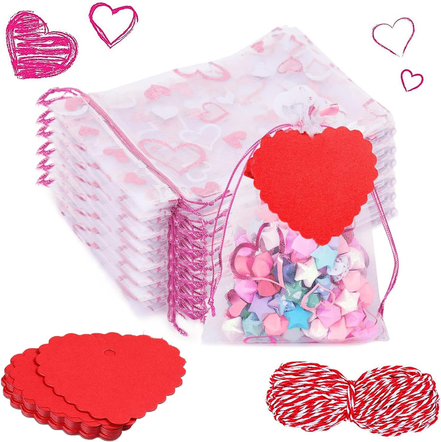 Ausejopeac 50 Pieces Valentine's Day Heart Treat Bags with 50 Pieces Kraft Paper Tags,Heart Decorative Plastic Gift Bags Candy Goodie Bags for Valentine's Day Wedding Anniversary Party Supplies