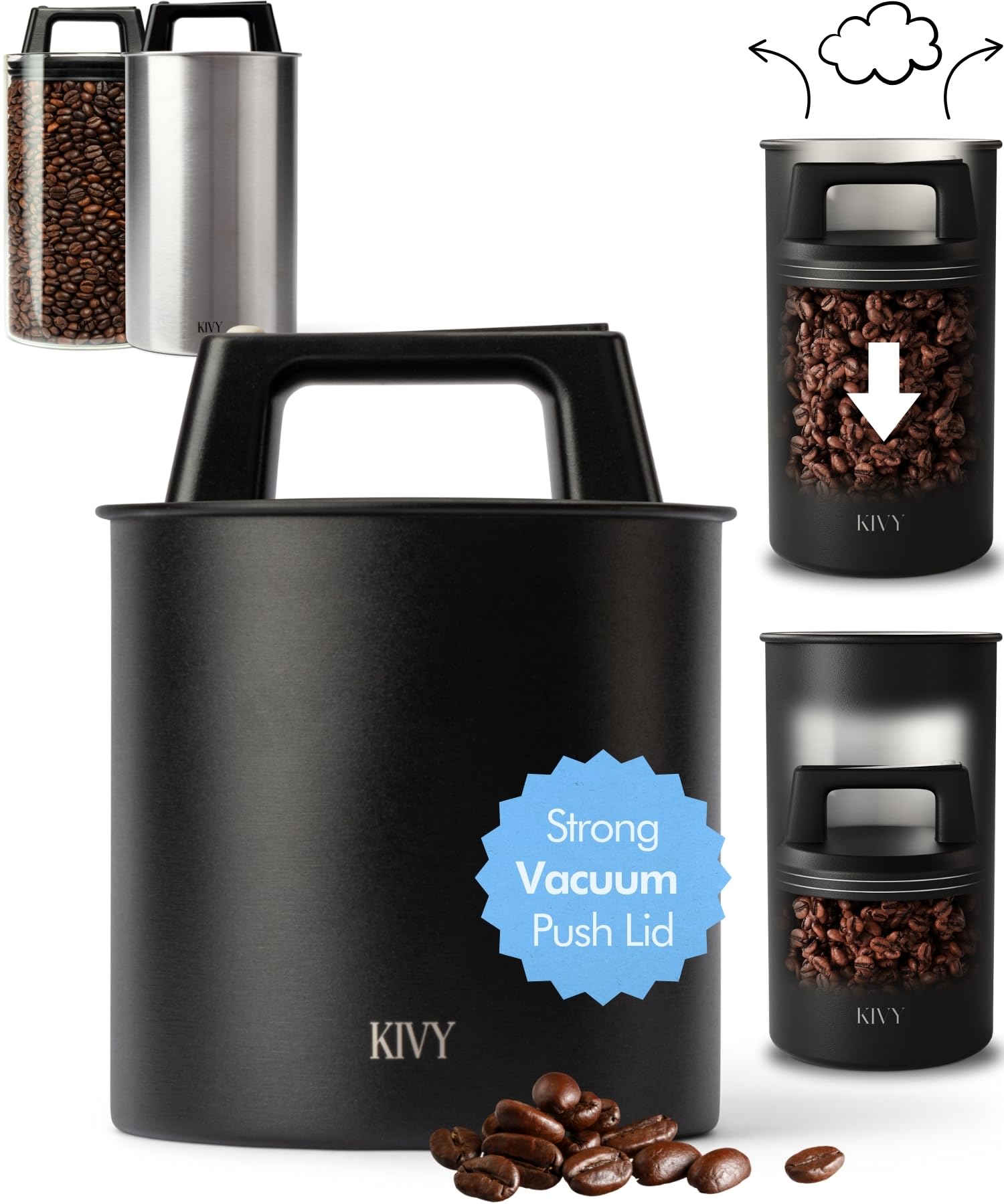 KIVYVacuum Coffee Canister - Push Lid Preserves Coffee Aroma & Oil - Stainless Steel Airtight Coffee Canister - Coffee Container - Removes Excess Air