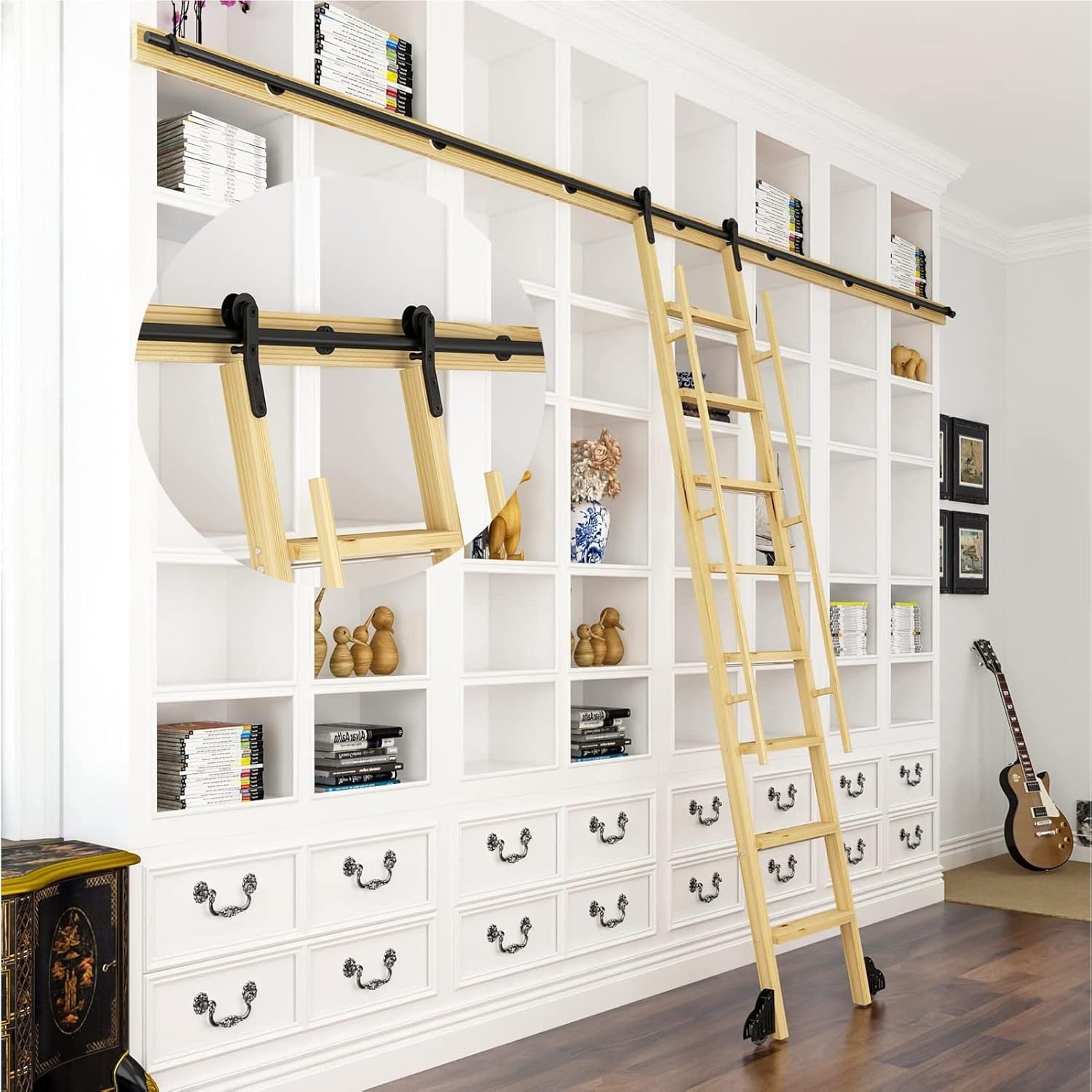 Rolling Library Sliding Ladder Hardware Kit - Carbon Steel Sliding Ladder Rail Hardware Accessories (with Floor Rollers), No Ladder, Smooth and Quiet Sliding, Easy to Install