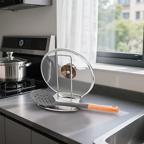 Miniatura 8 de Lawei Paquete de 3 tapas y soporte para cucharas, soportes para tapa de olla de acero inoxidable, organizador de tapa para ollas, sartenes, cucharas