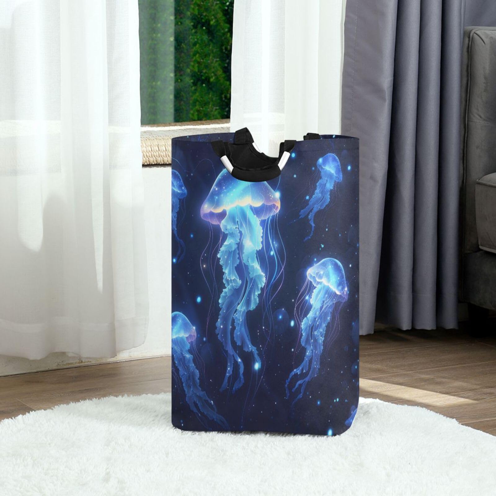 Jihqo Laundry Hamper Basket Glowing Jellyfish Collapsible Nursery Storage Bin Waterproof Clothing Baskets for Home Bedroom Bathroom Washing Room