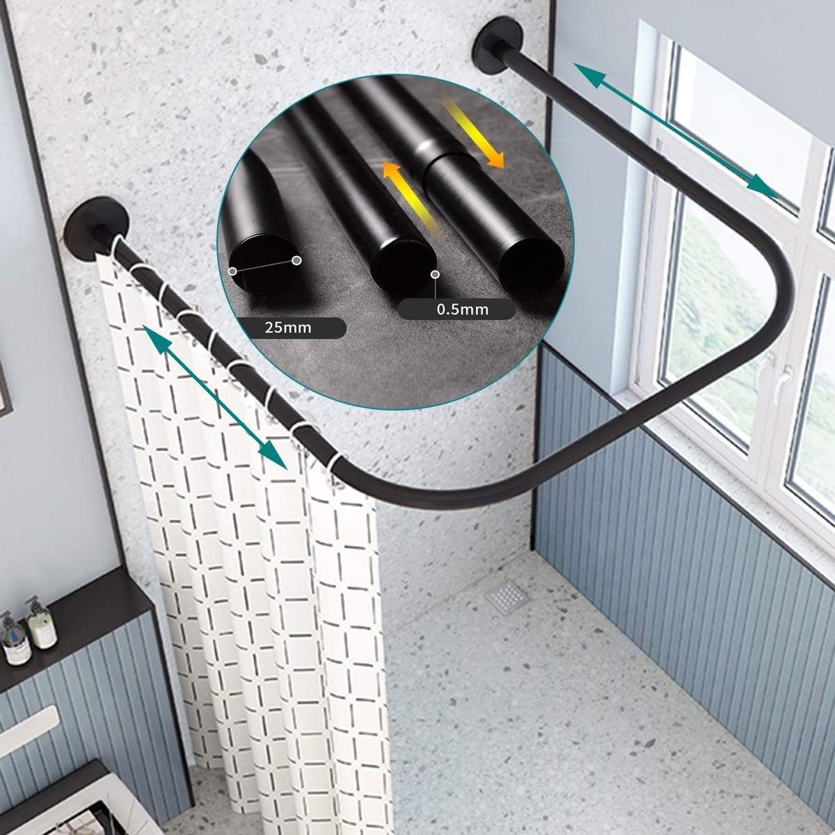 Curved Shower Rod Tension Curtain Rod No Drill Adjustable U Shaped Shower Curtain Rail Pole Holder with Bath Curtain, for Bathroom, Clothing Store, Dressing Room, Outdoor Shower