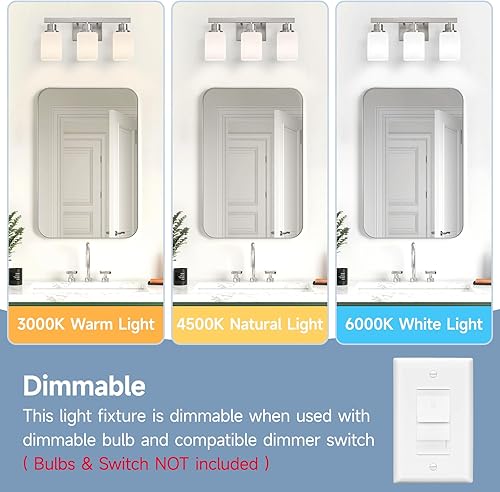 Miniatura 6 de Lámpara de tocador de baño de 3 luces, luces de tocador de níquel cepillado con vidrio esmerilado cuadrado, lámparas modernas de pared de baño sobre