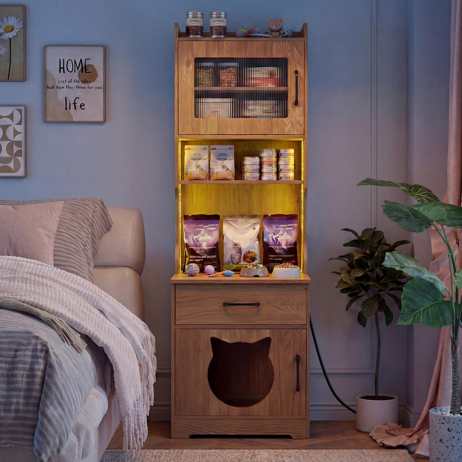 COSTWAY Mueble Arenero Gatos Alto con Luz LED, Armario Arenero para Gatos con Estantes, Estación de Carga, Cajón, 20 Modos de Luz, Control Remoto, Mueble Auxiliar para Gato, 50x45x152 cm (Natural)