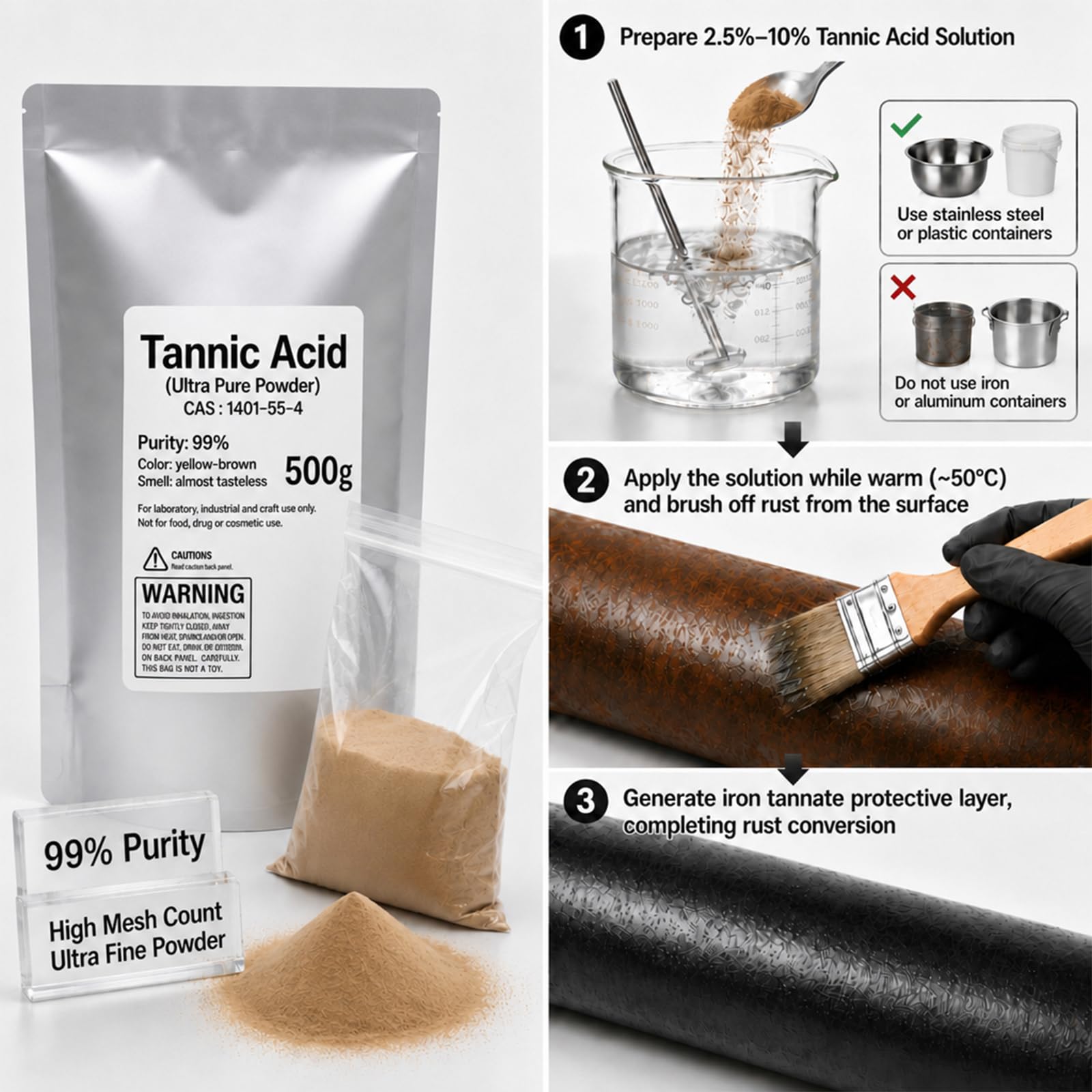 Poudre d'acide tannique pur à 99% contre la rouille, 100 g-500g