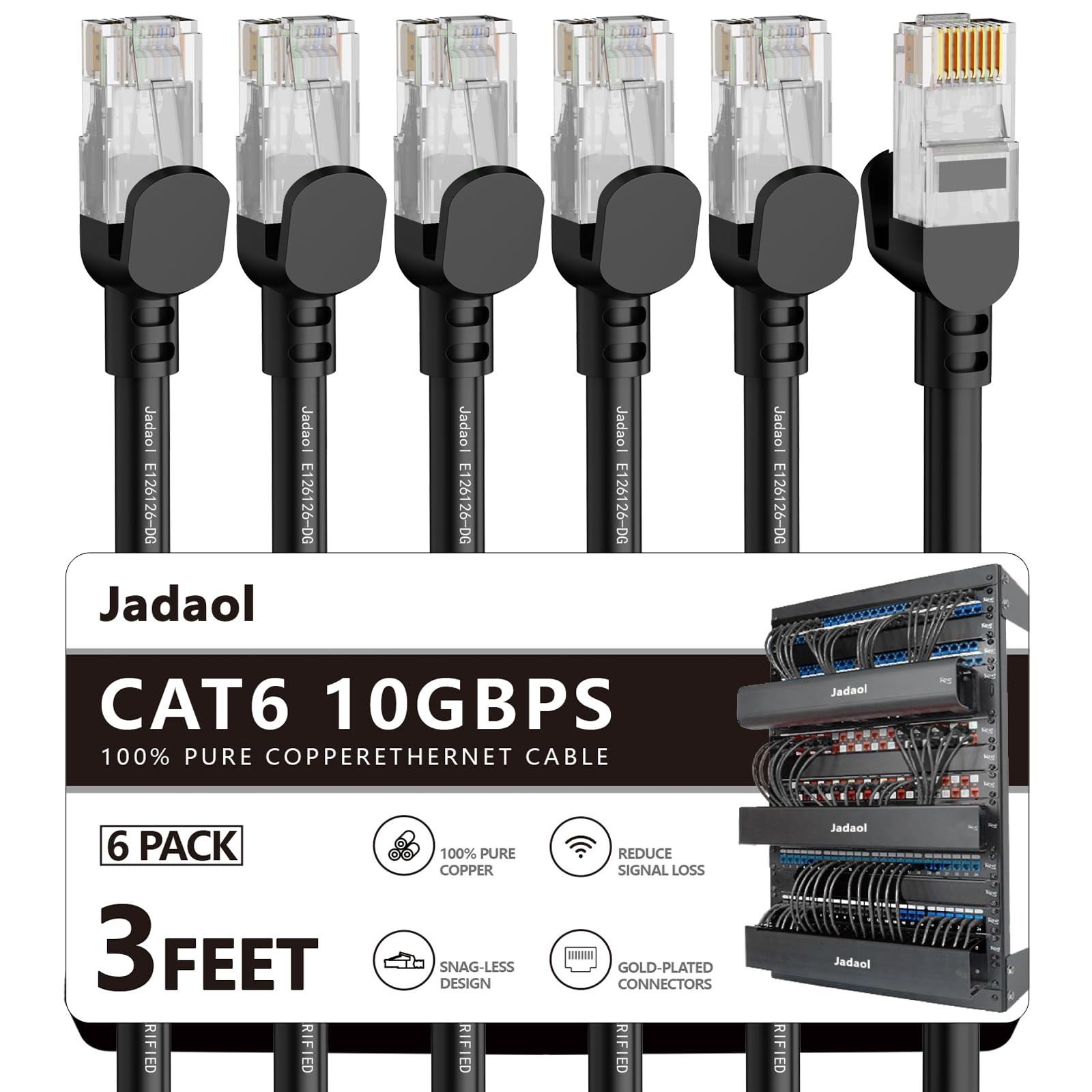 Cat 6 Ethernet Cable 3ft 5Pack, 24AWG Pure Copper, 10Gbps Round Network Cable, Support Cat8/Cat7 Network, Internet Patch Cable for Router, Modem, PC, Switch, 24 Port/48 Port Patch Panel, Gaming, Black