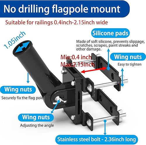 Miniatura 3 de Soporte para asta de bandera sin perforación, apto para barandilla de balcón, soporte para asta de bandera perfecto para porche y valla, se adapta a