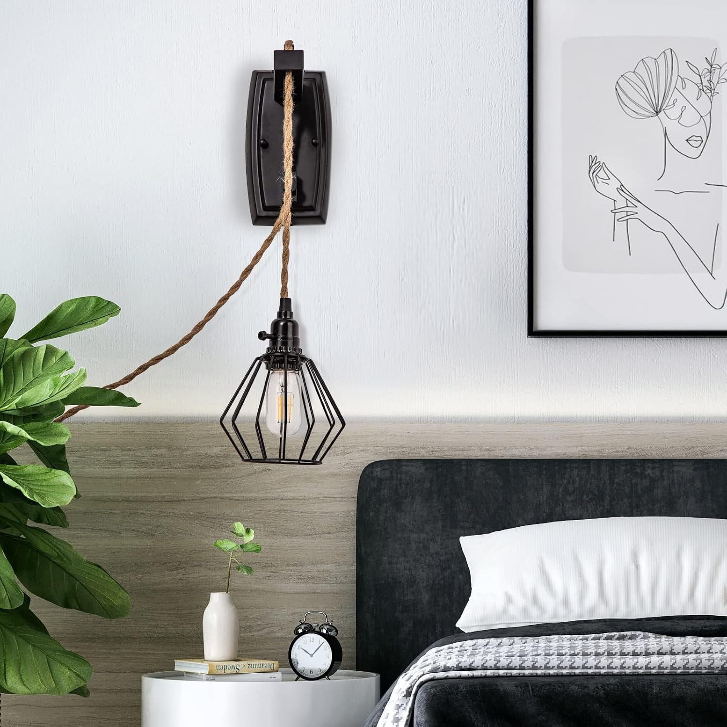 13ft Plug in Wall Sconces Set of Two Wall Lamps Lights Fixtures for Bedroom Hanging Black with Wheel Cage Hemp Rope Cord