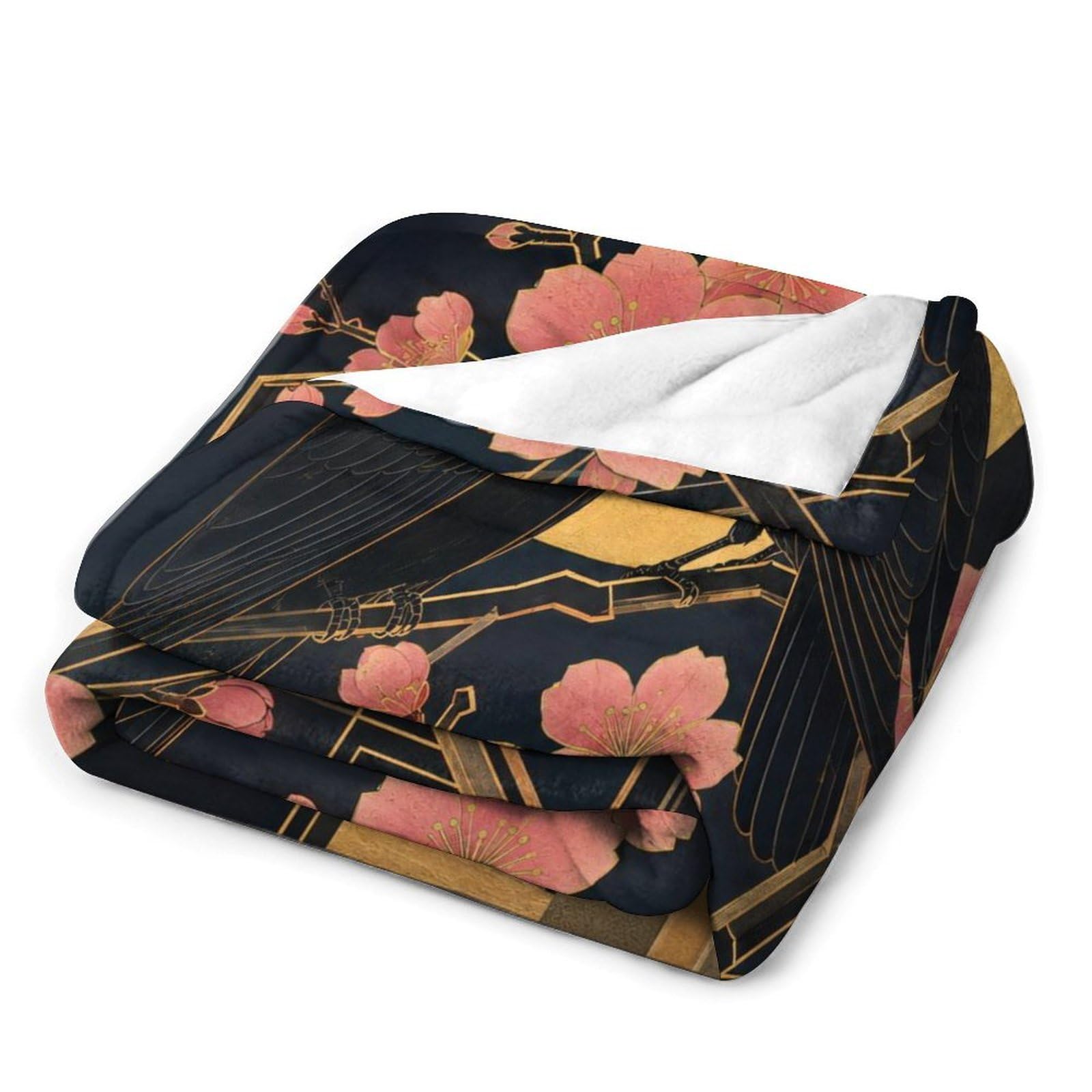 Pareja de Cuervos bajo la Luna Dorada Manta Manta TV Calida Polar | manta sofa suave con Ilustración realista y flor rosa, para sofa, cama, 175x200cm(70x80in)
